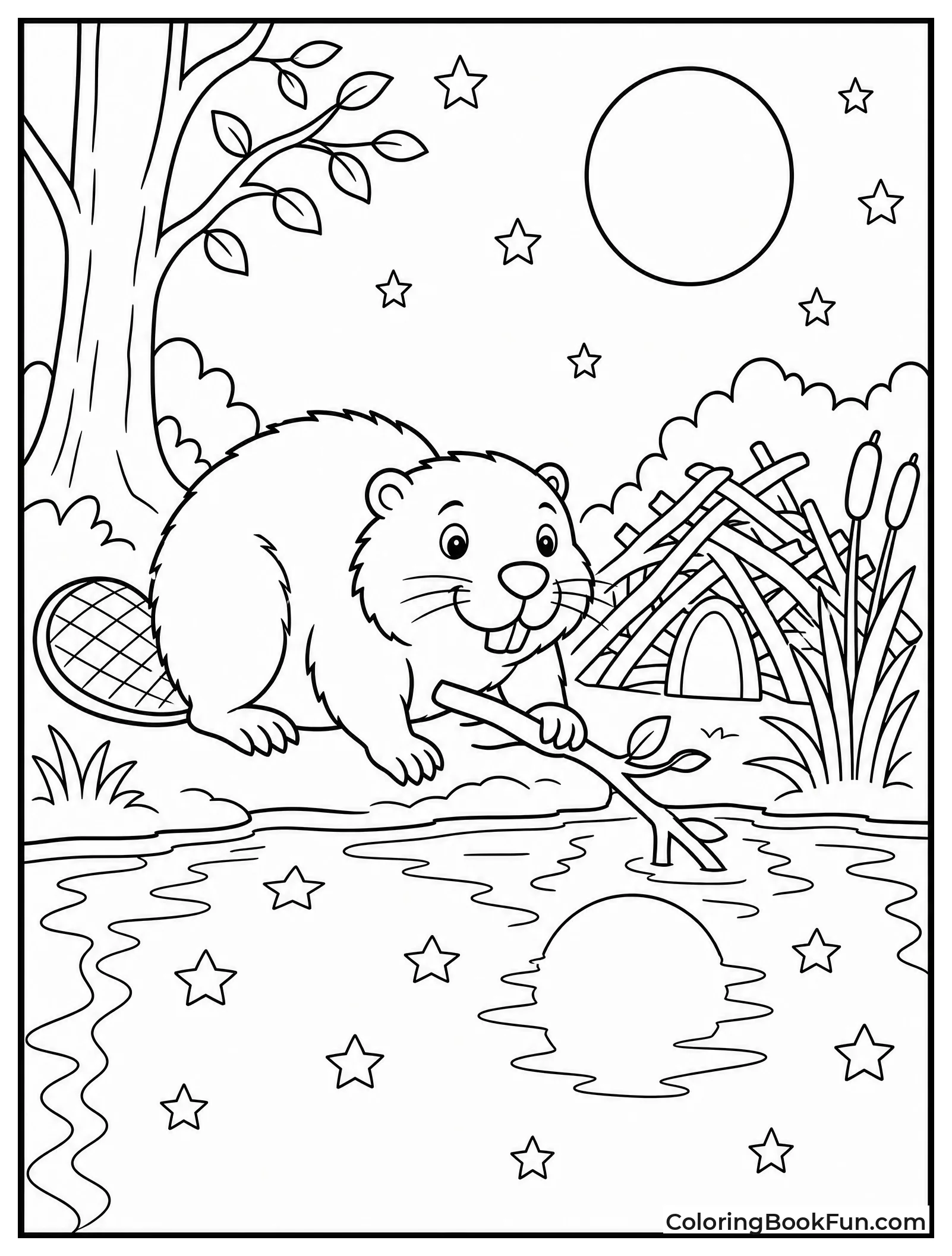 Beaver Forages Under Full Moon