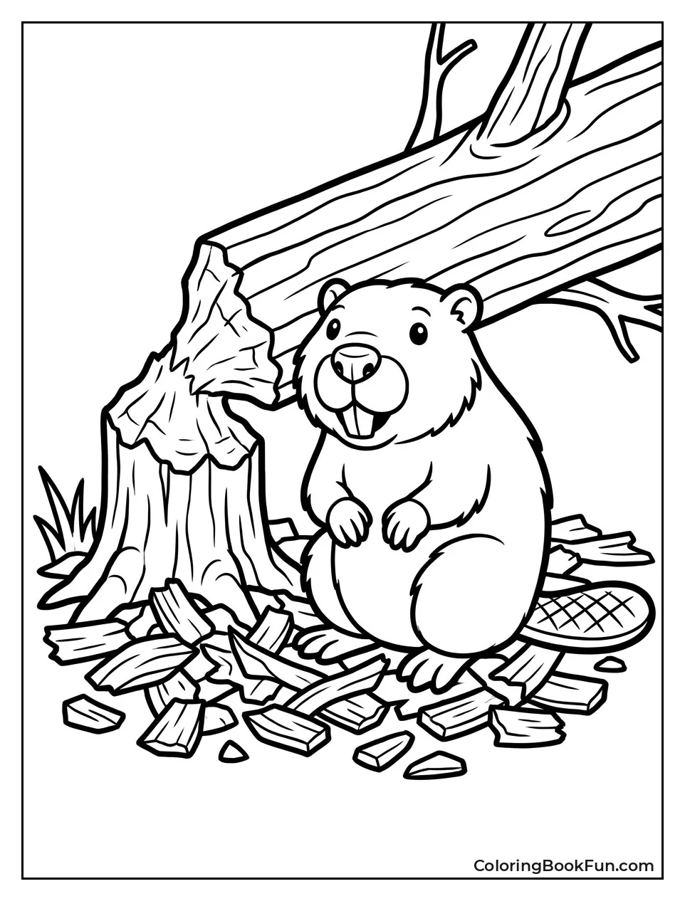 Beaver Sits Among Wood Chips