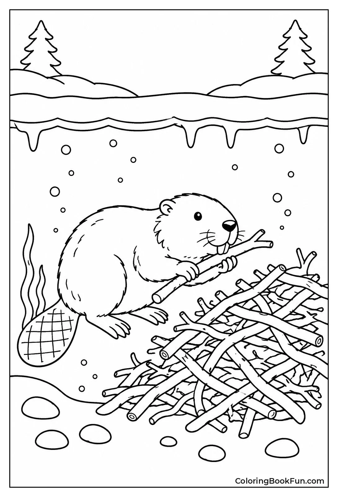 Beaver Grabs Branch Under Ice