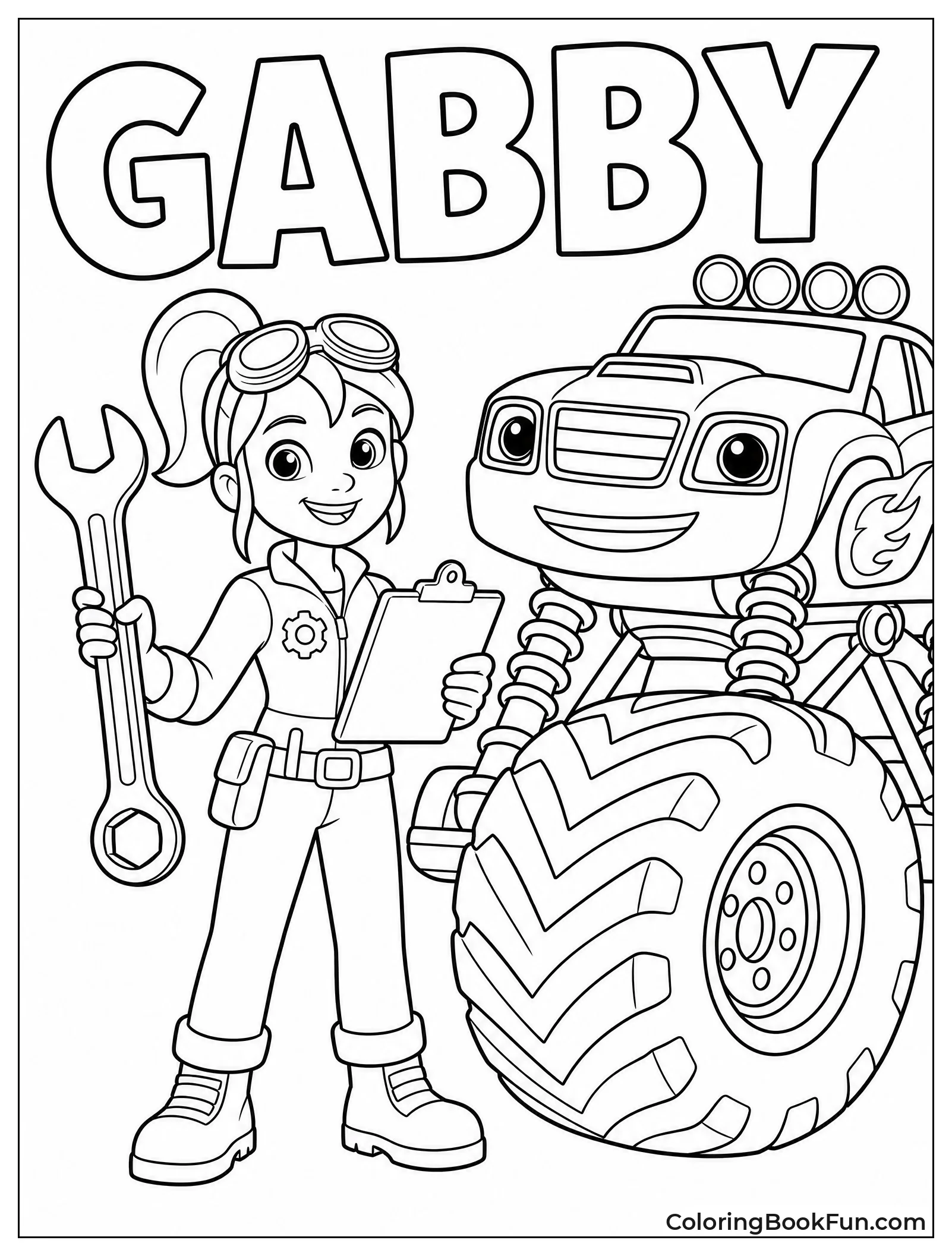 Gabby Holds Wrench beside Big Tire