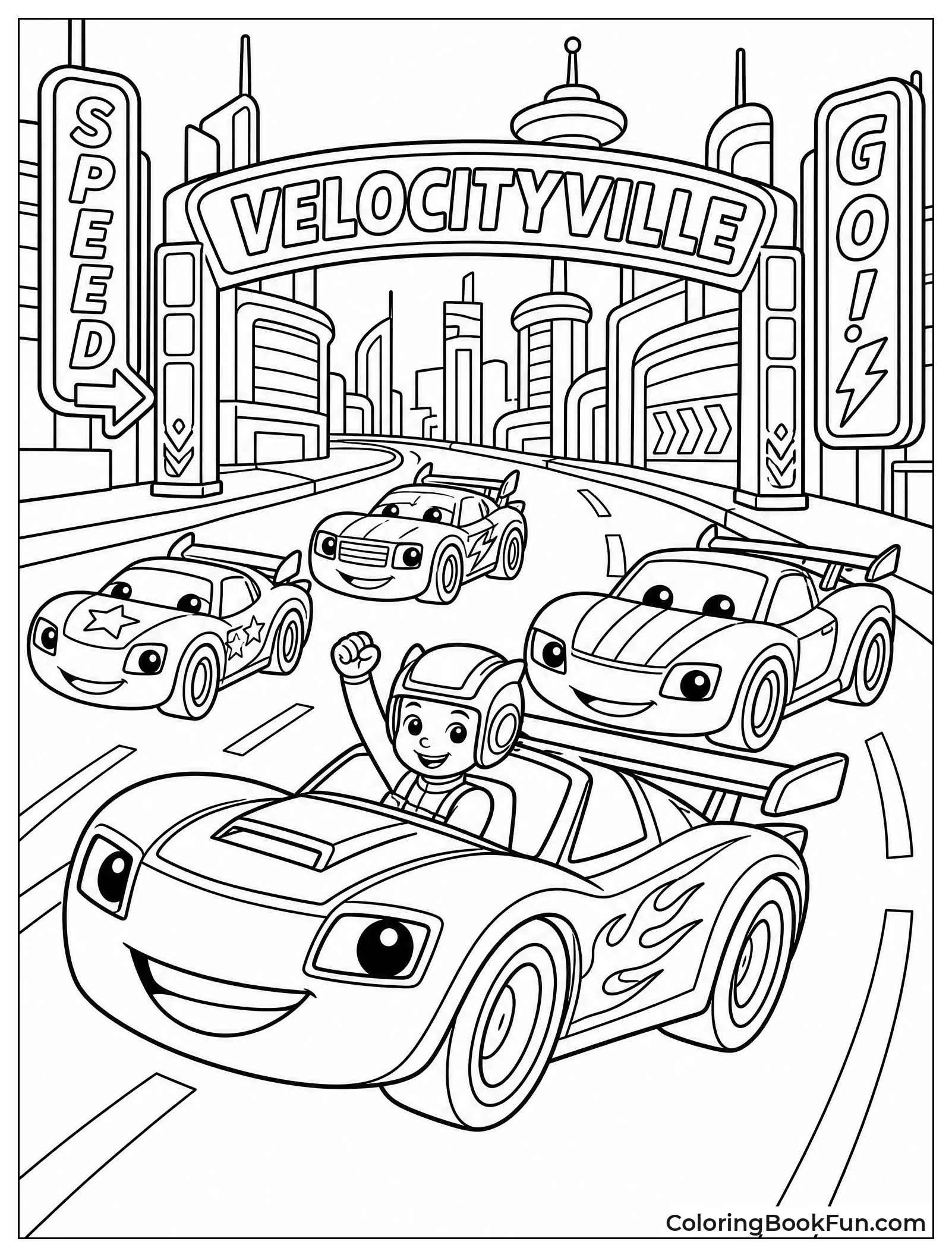 Race Cars Speed through Neon Streets