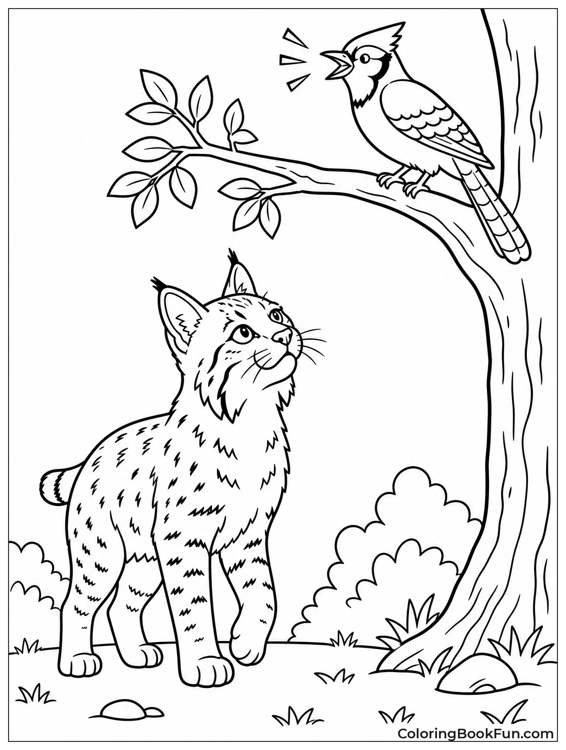 Bobcat Watching Blue Jay Above