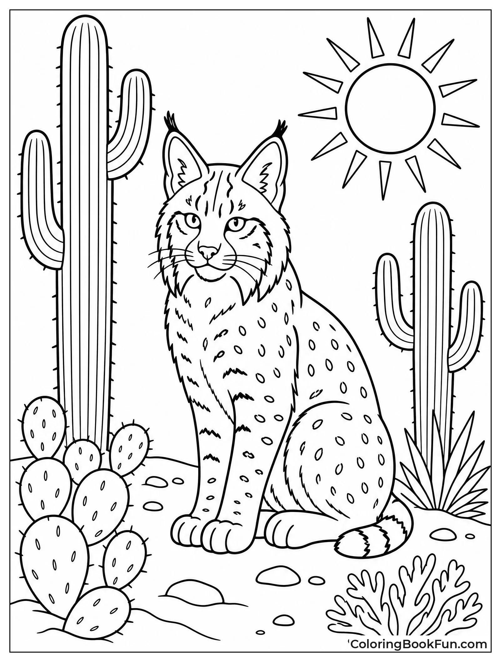 Bobcat Sitting Near Saguaro Cacti