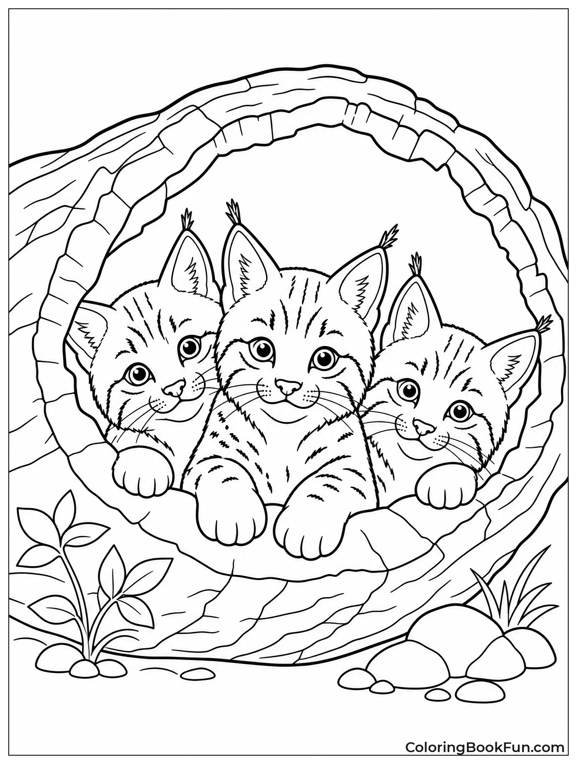 Bobcat Kittens in Hollow Log