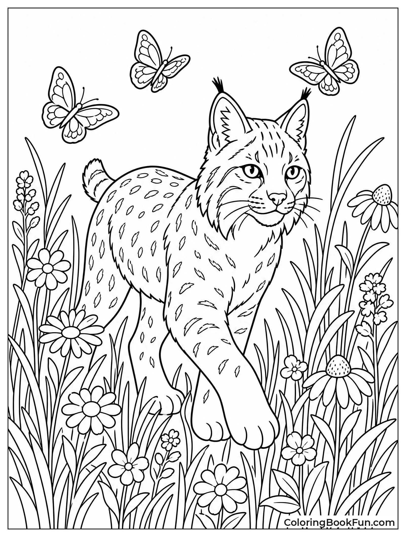 Bobcat Exploring Flower Filled Meadow