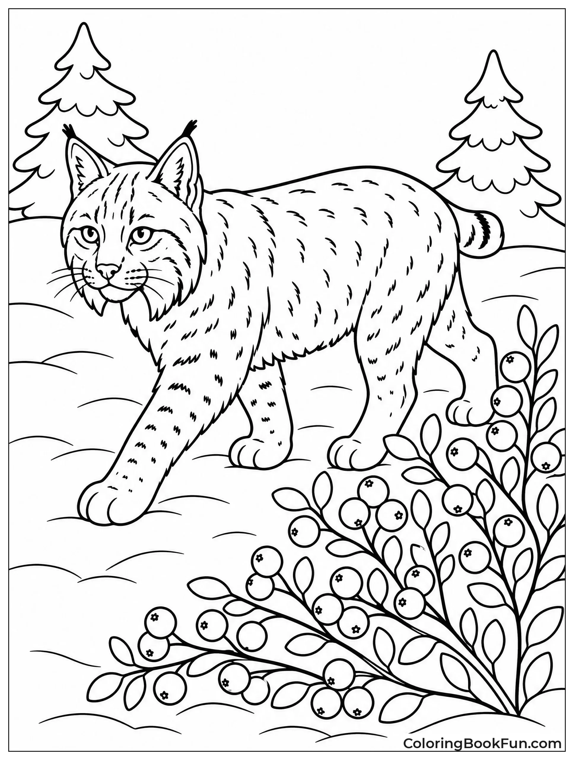 Bobcat Walking Past Winter Berries