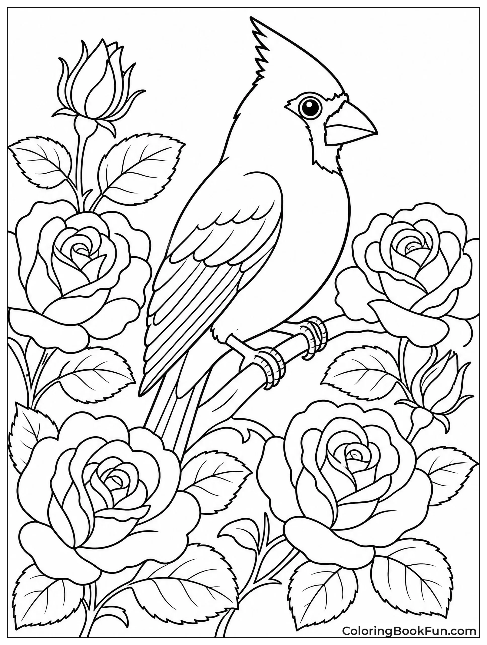 Cardinal Sitting Among Blooming Roses