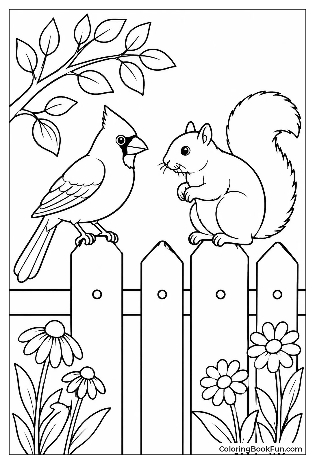 Cardinal and Squirrel on Garden Fence