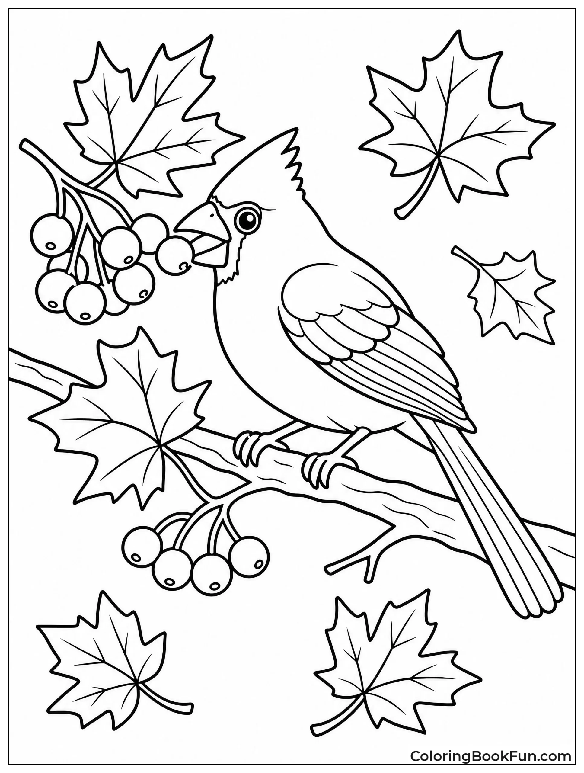 Cardinal Eating Berries Among Falling Leaves