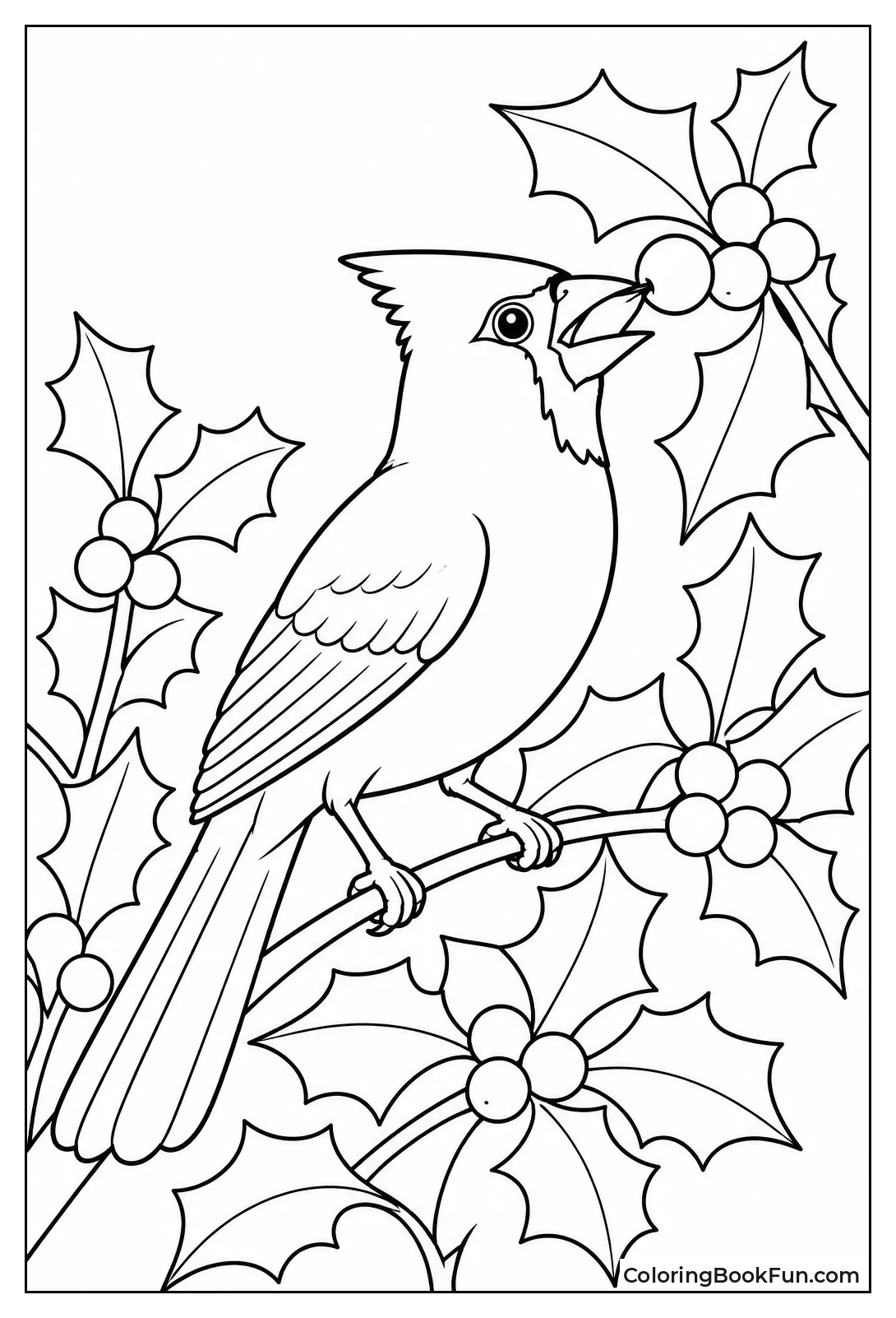 Cardinal Reaching for Berry in Holly Bush
