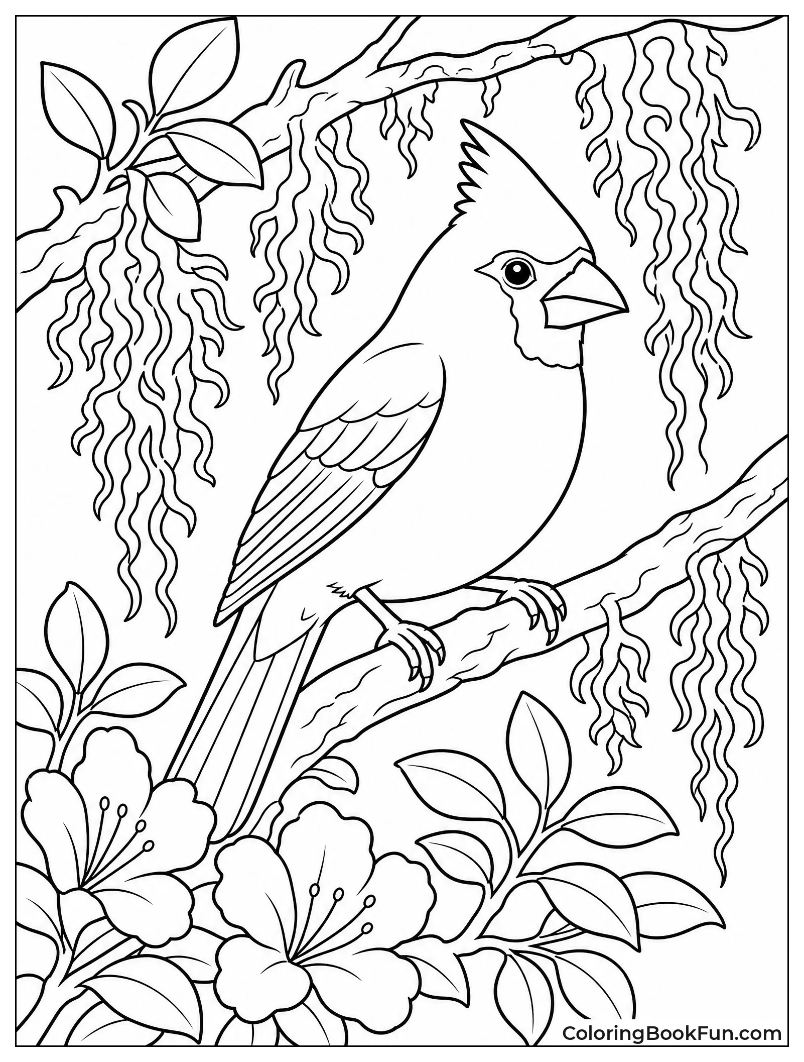 Cardinal in Thicket with Spanish Moss