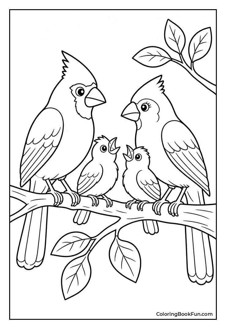 Cardinal Pair with Two Chicks