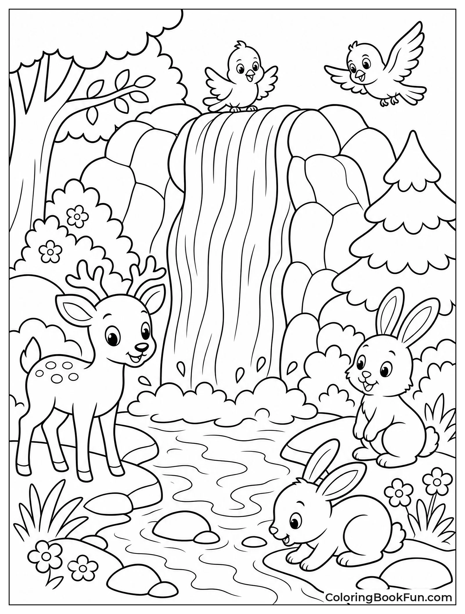 Animals Gathering Around Forest Waterfall