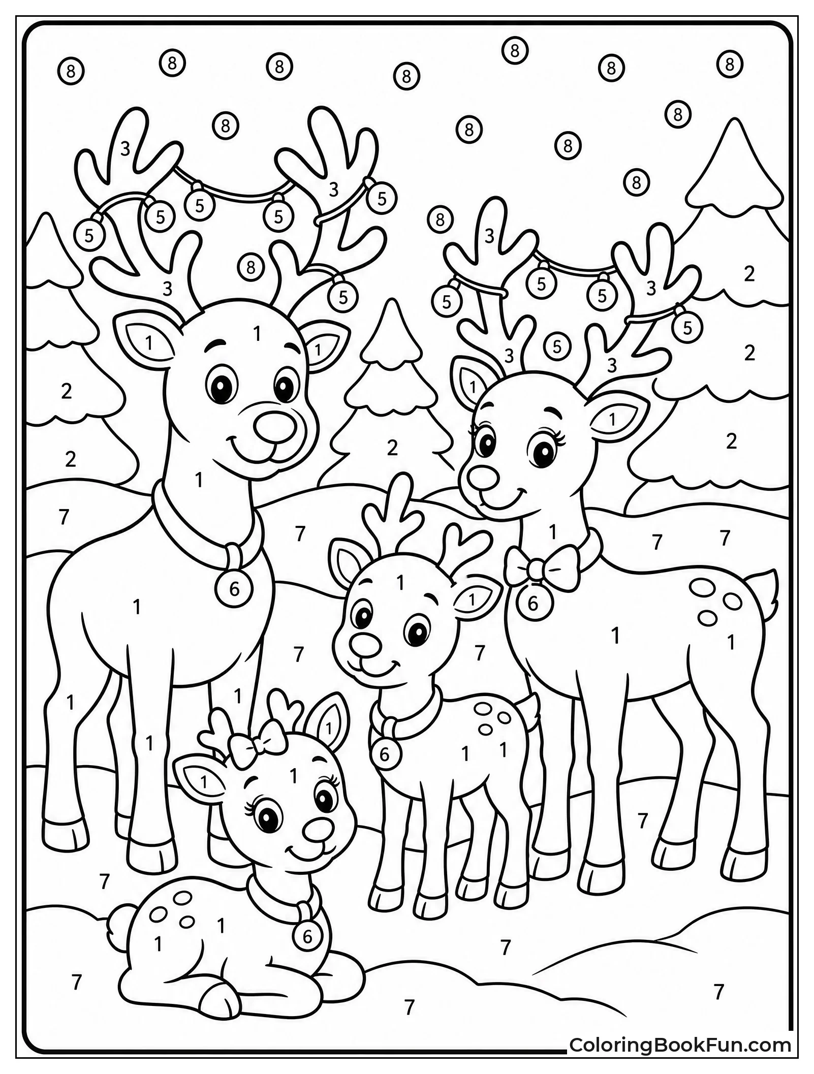 Reindeer Family in Snowy Forest