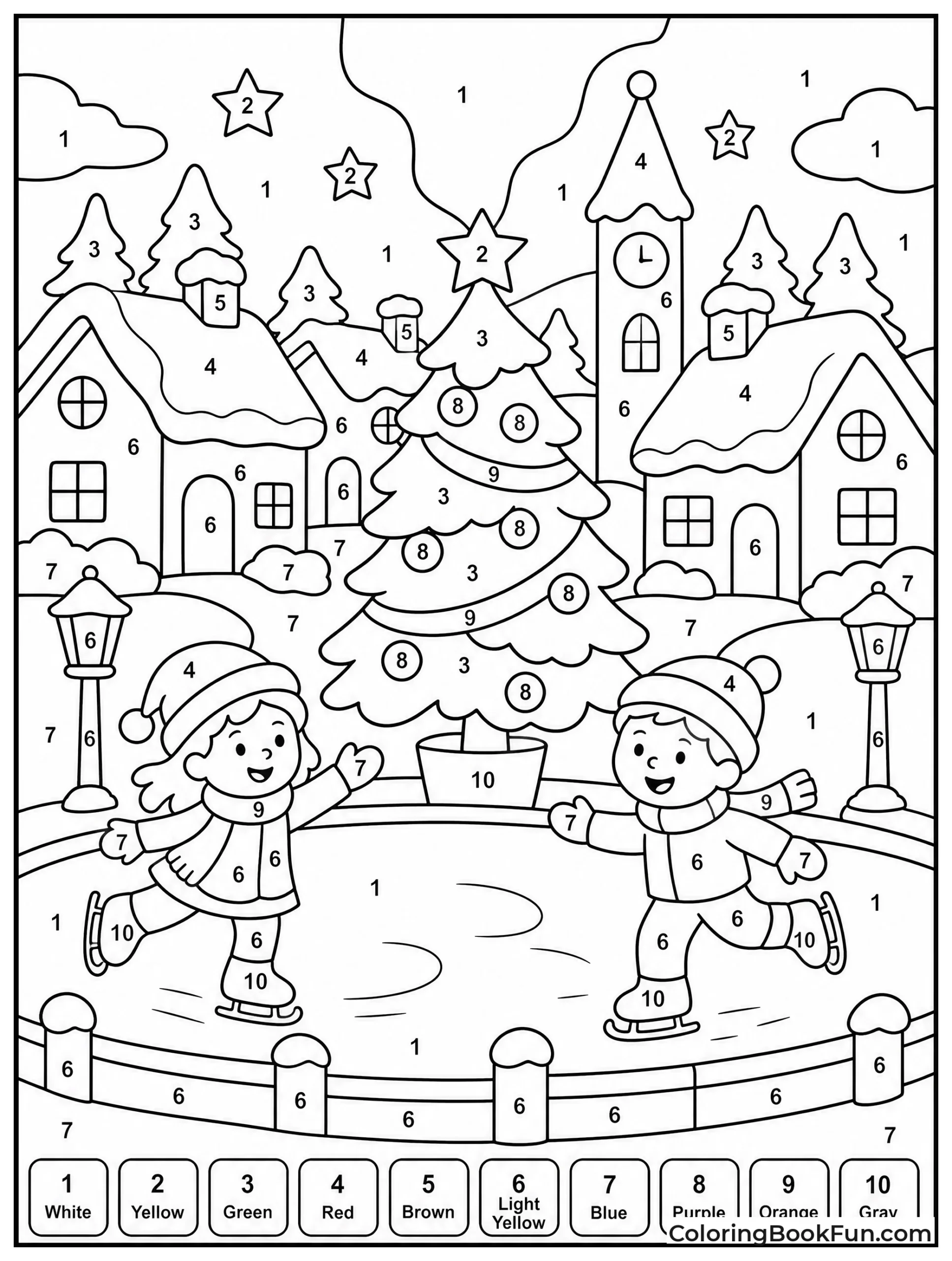 Snowy Village with Ice Skaters and Tree