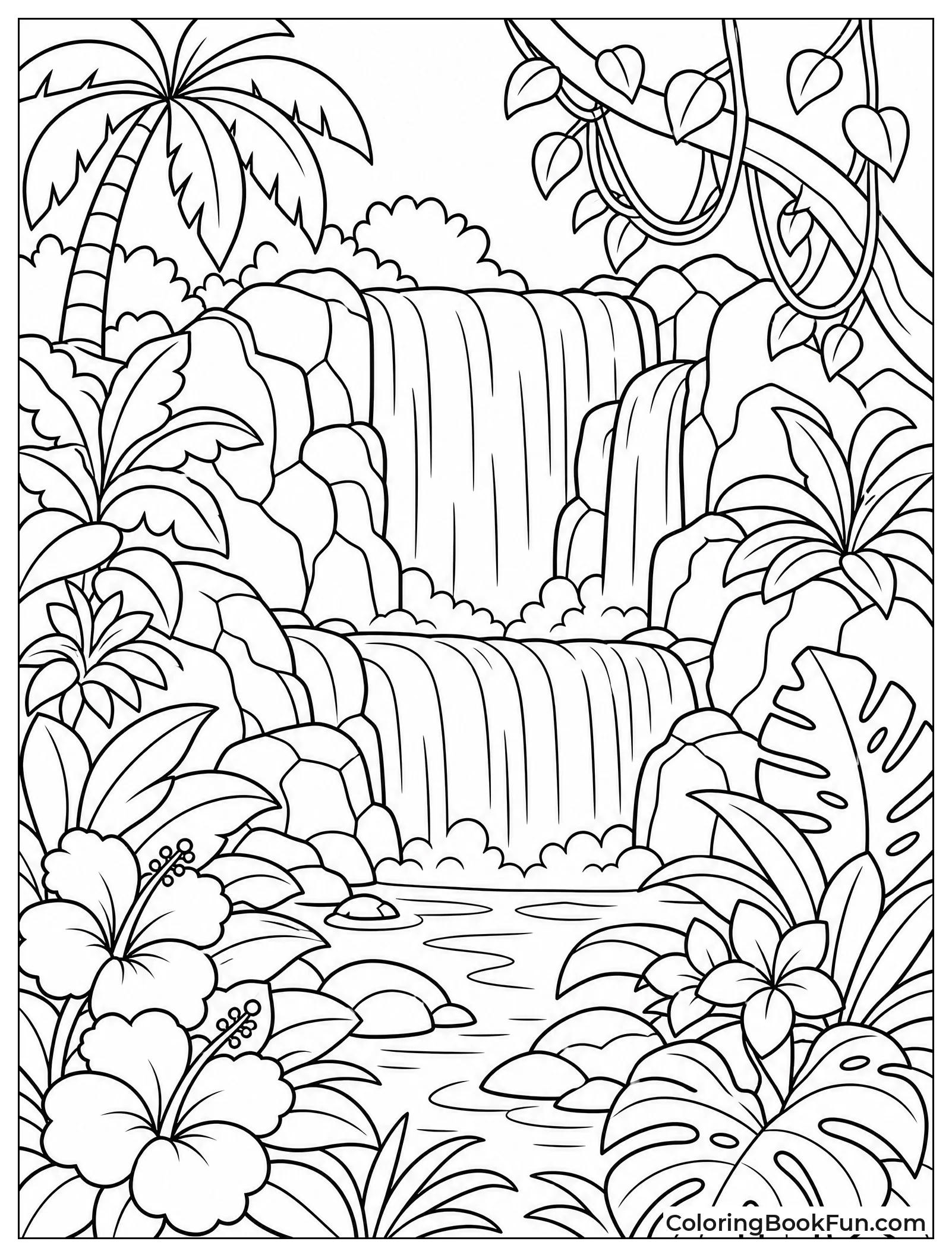 Jungle Waterfall with Tropical Plants