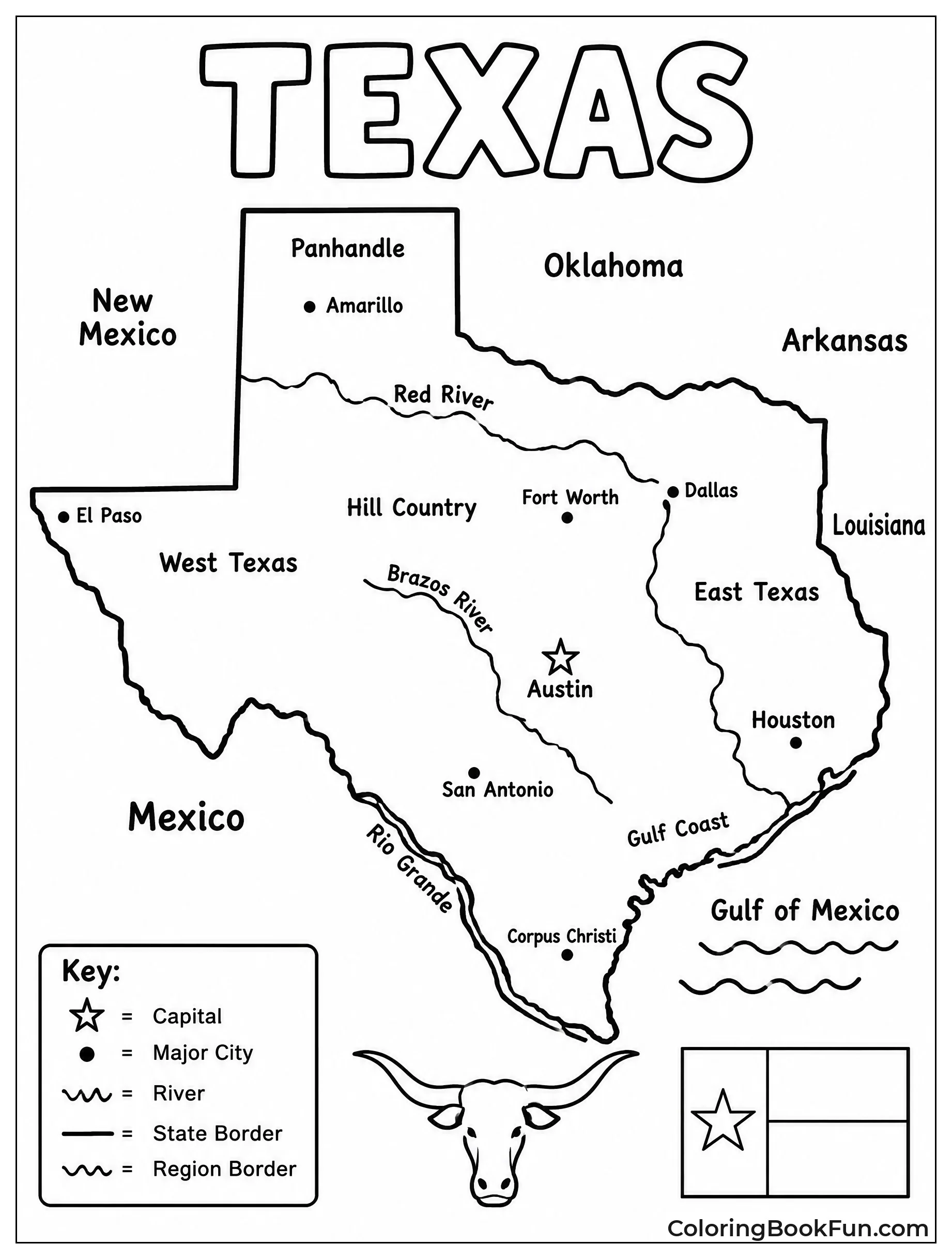 Map Shows Texas Cities and Rivers