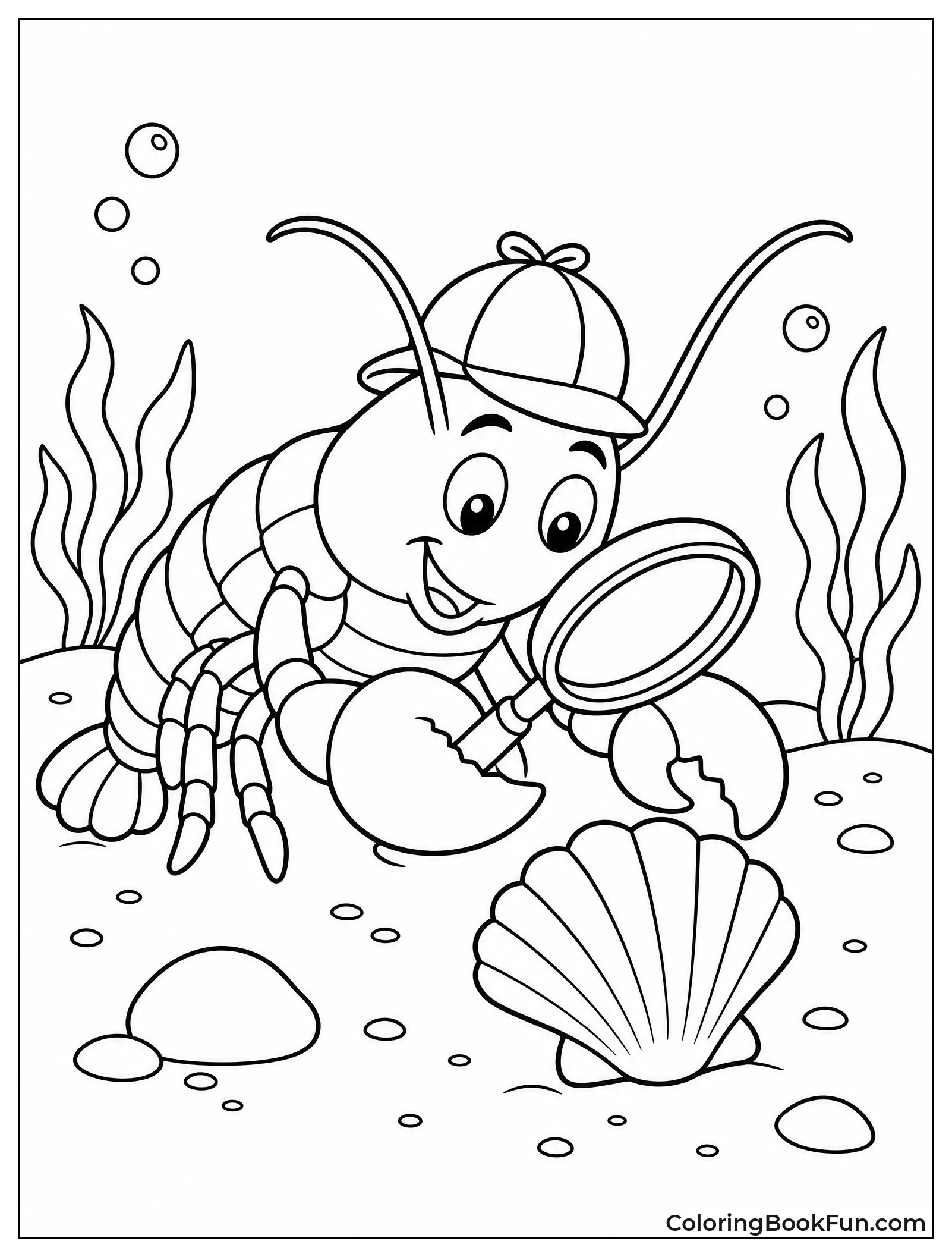 Lobster Inspecting Shell with Magnifying Glass