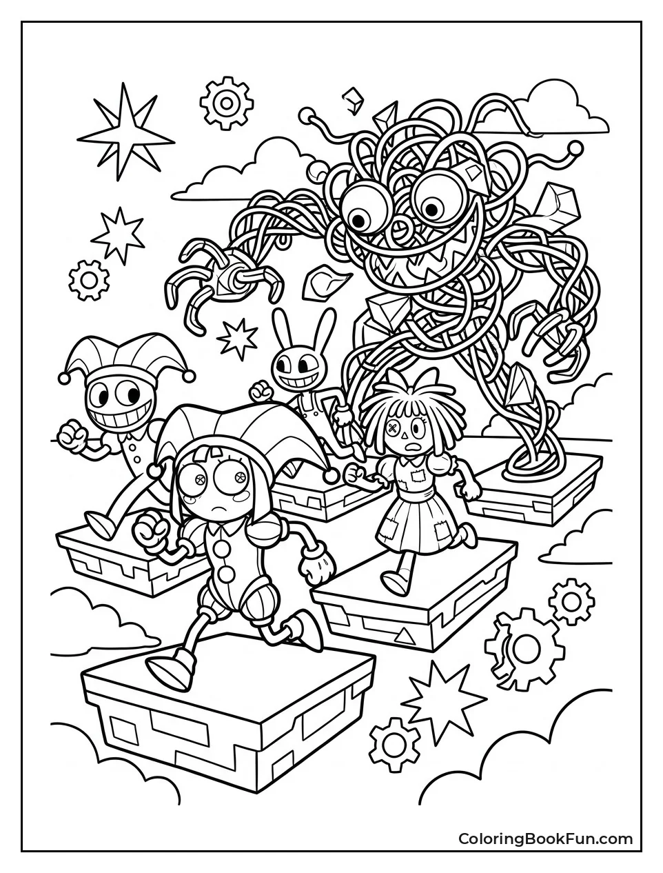 Characters Running From Abstracted Monster