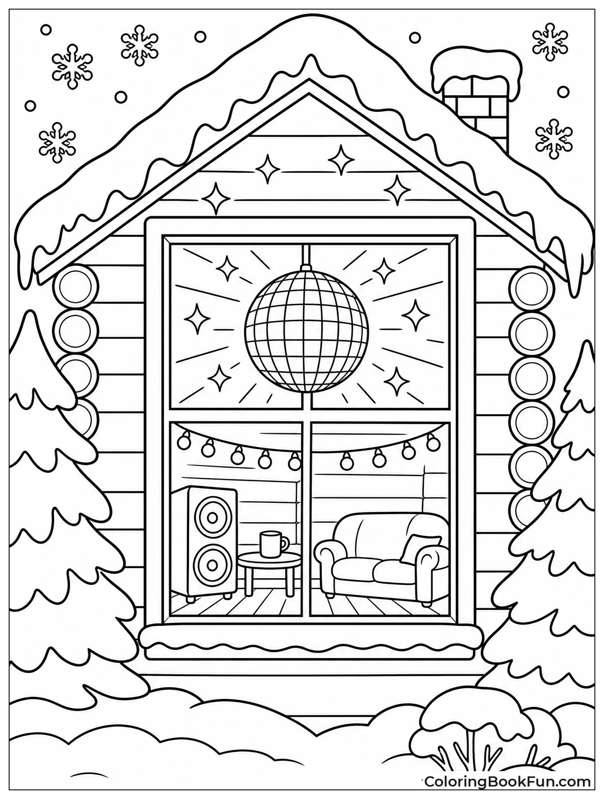 Disco Ball in Snowy Cabin