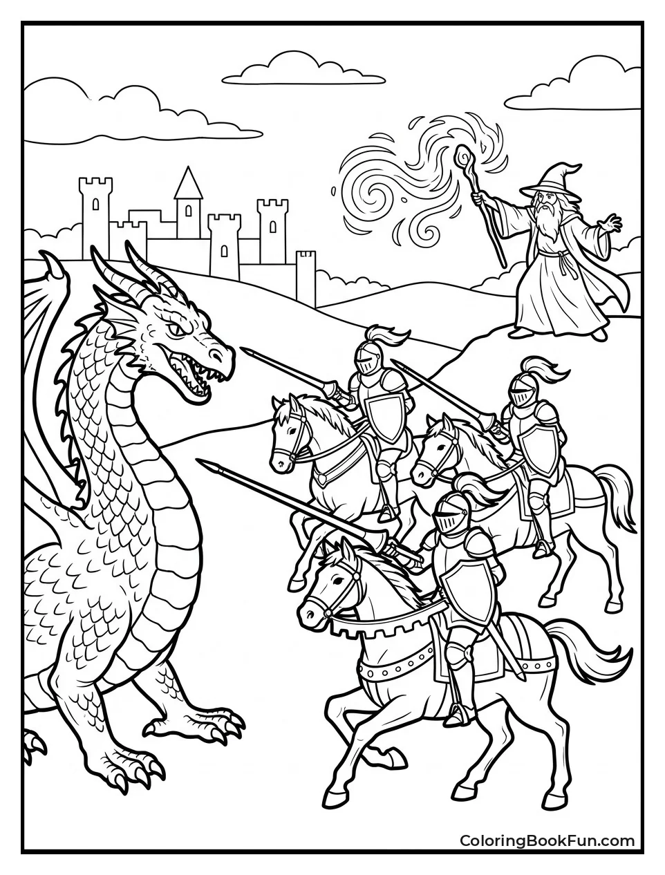 Knights Charging a Dragon with Wizard