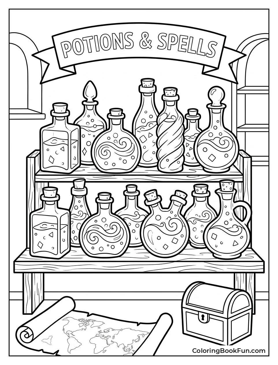Shelves of Colorful Magic Potions
