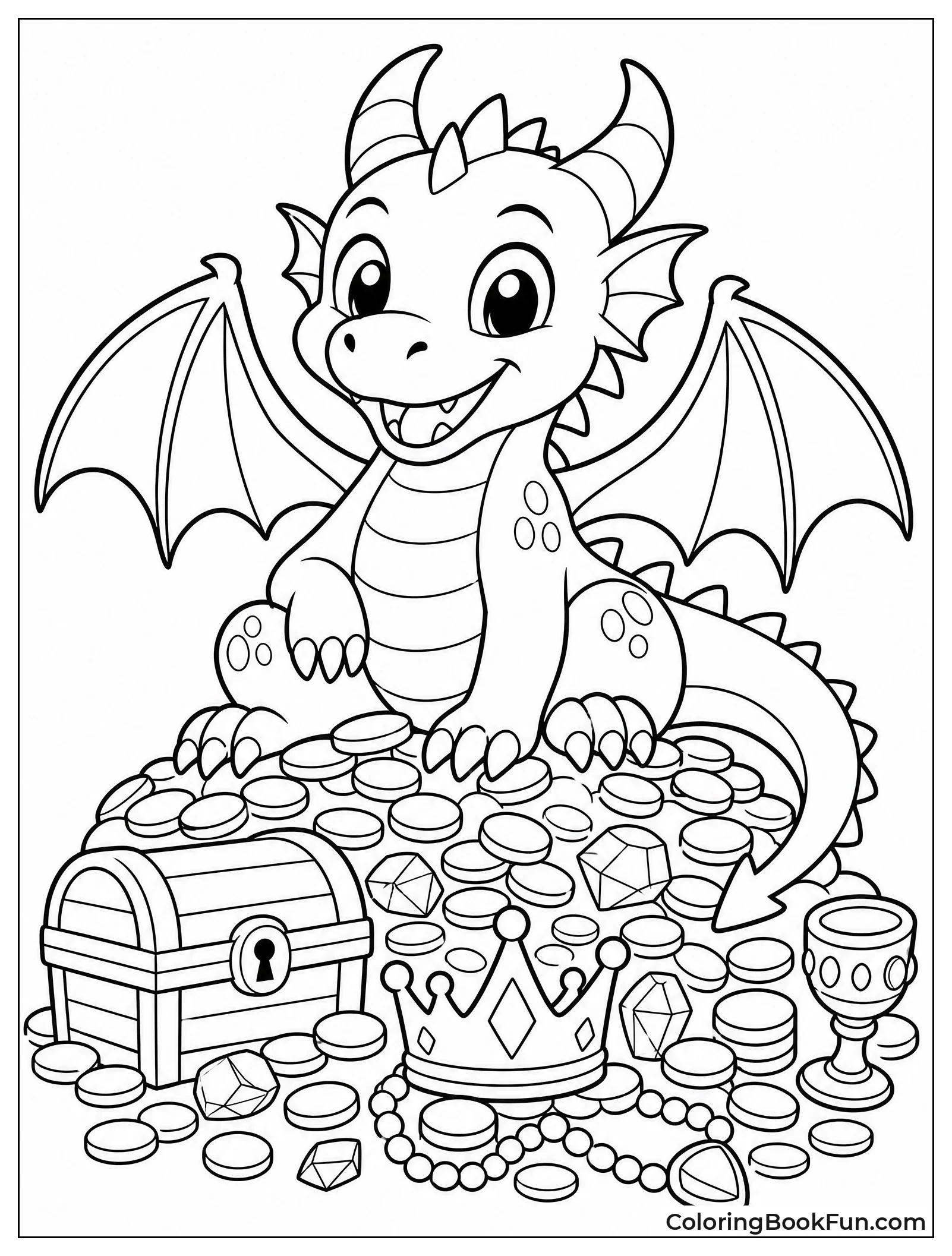 Cute Cartoon Dragon on Treasure