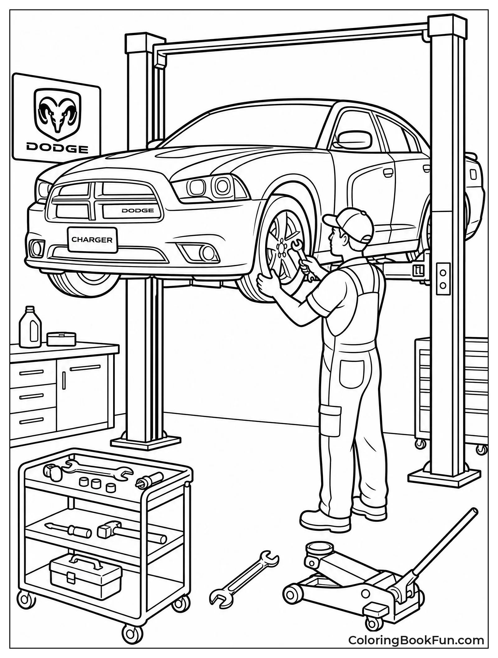 Mechanic Fixing Charger on Lift