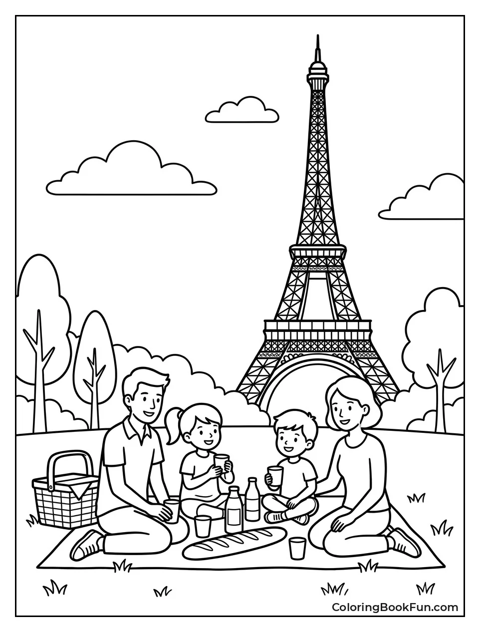 Family Picnicking Near Eiffel Tower
