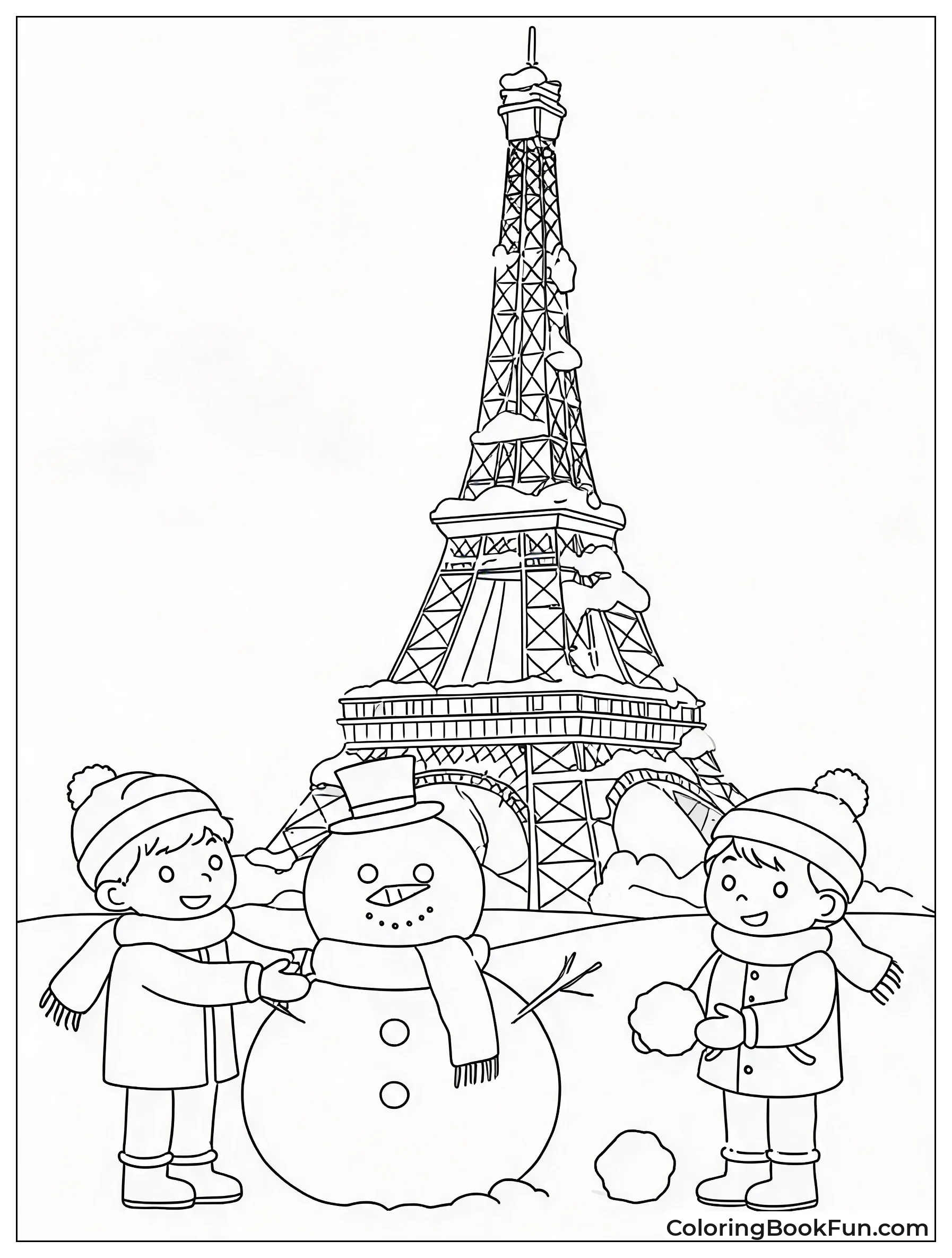 Snowy Eiffel Tower With Snowman