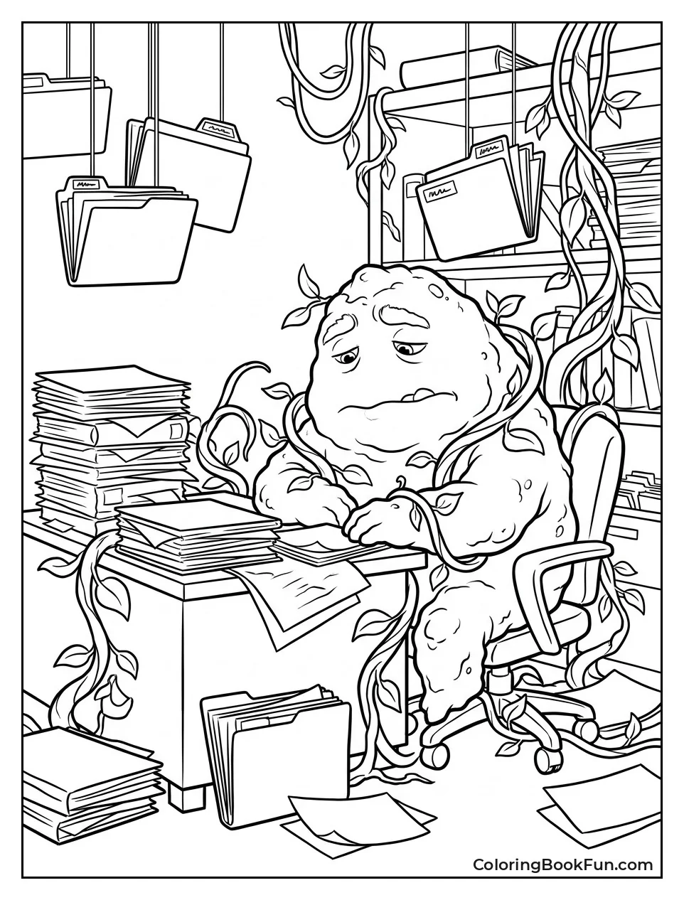 Fern Works in His Messy Office