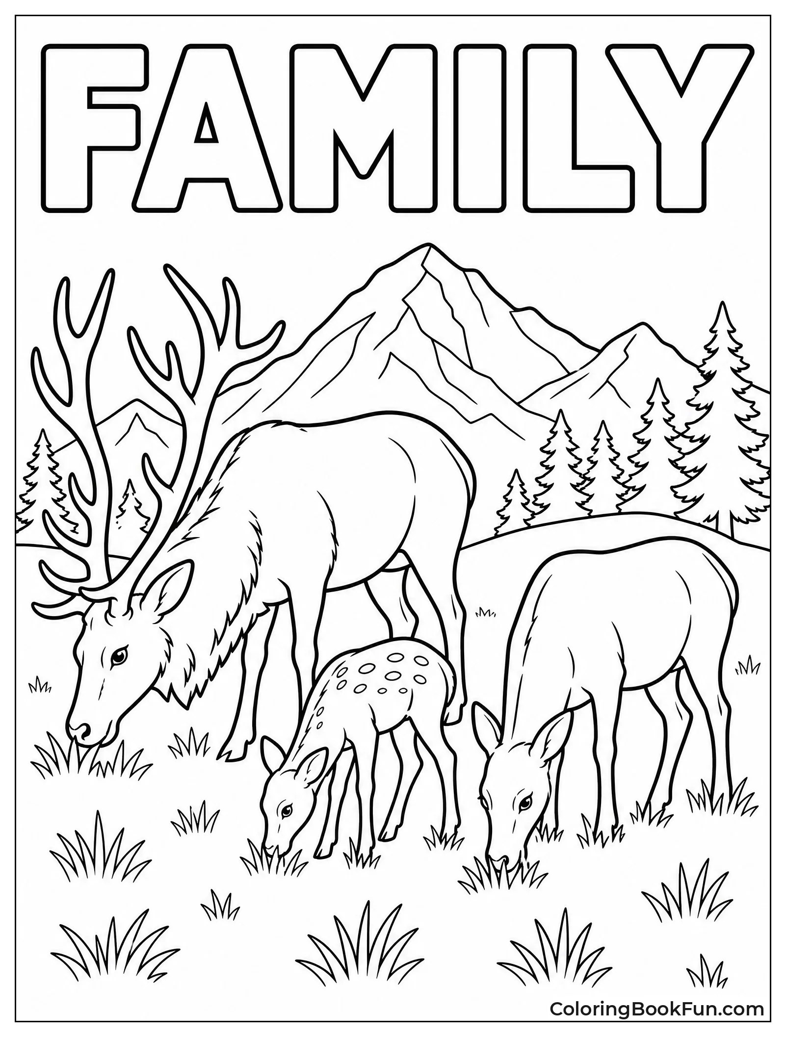Elk Family Grazing in Meadow
