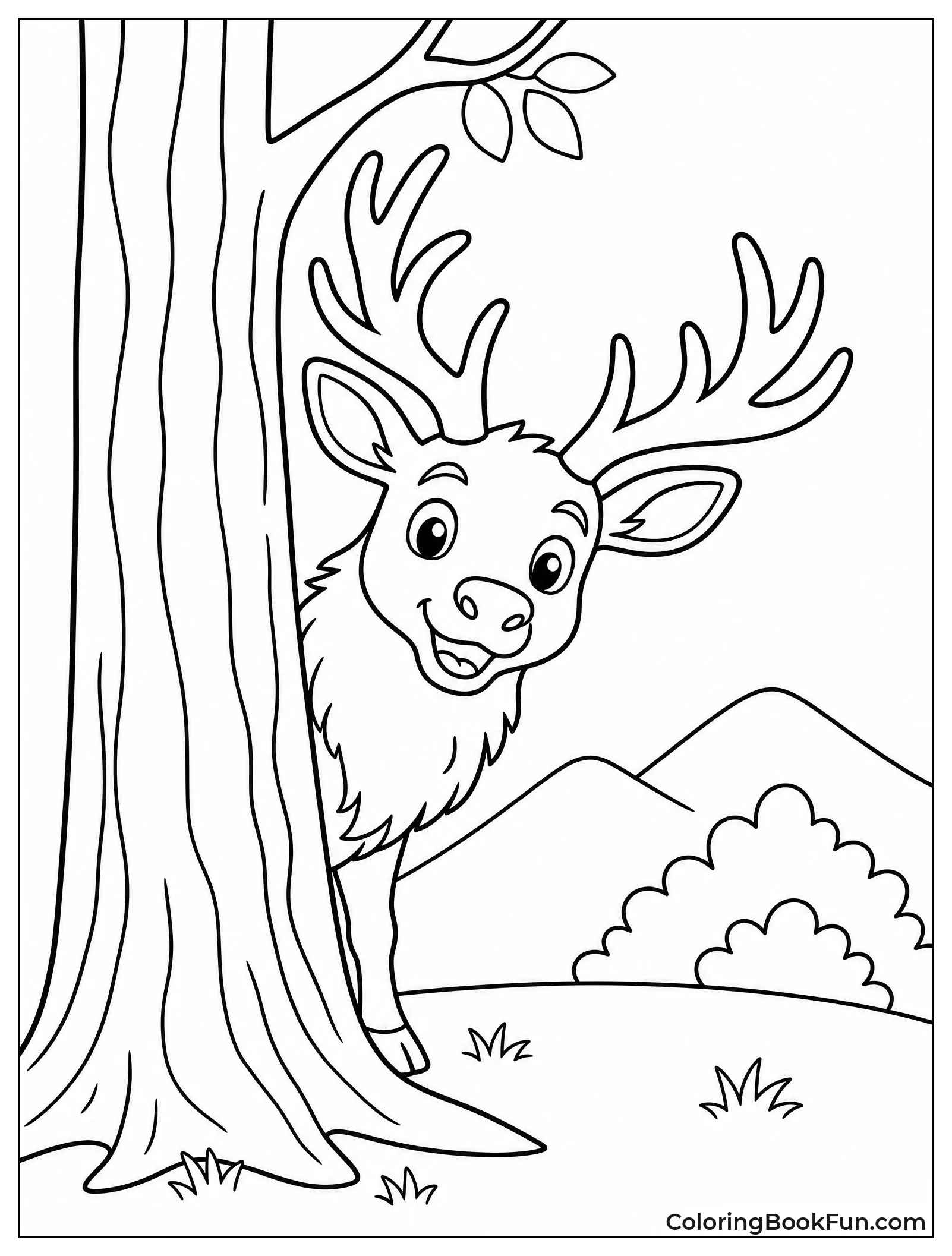 Elk Peeking Behind Big Tree