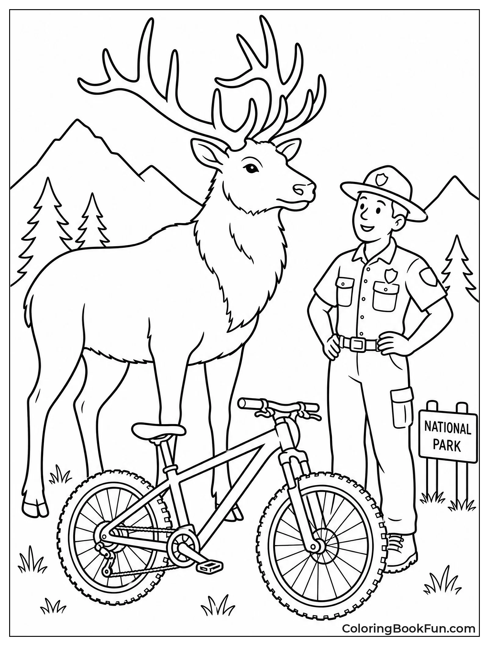 Elk Next to Bike and Ranger