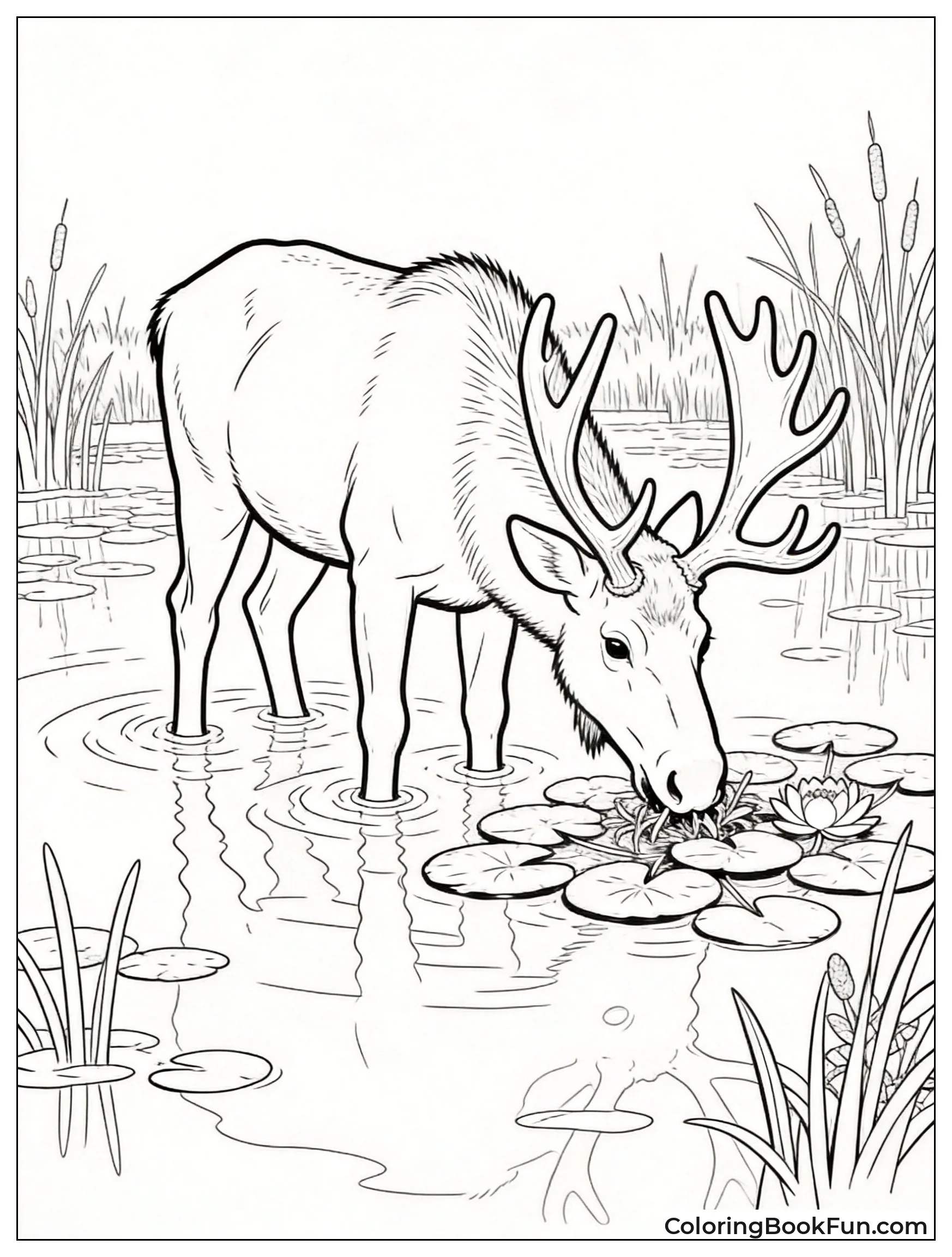 Elk Wading in Marsh Pond