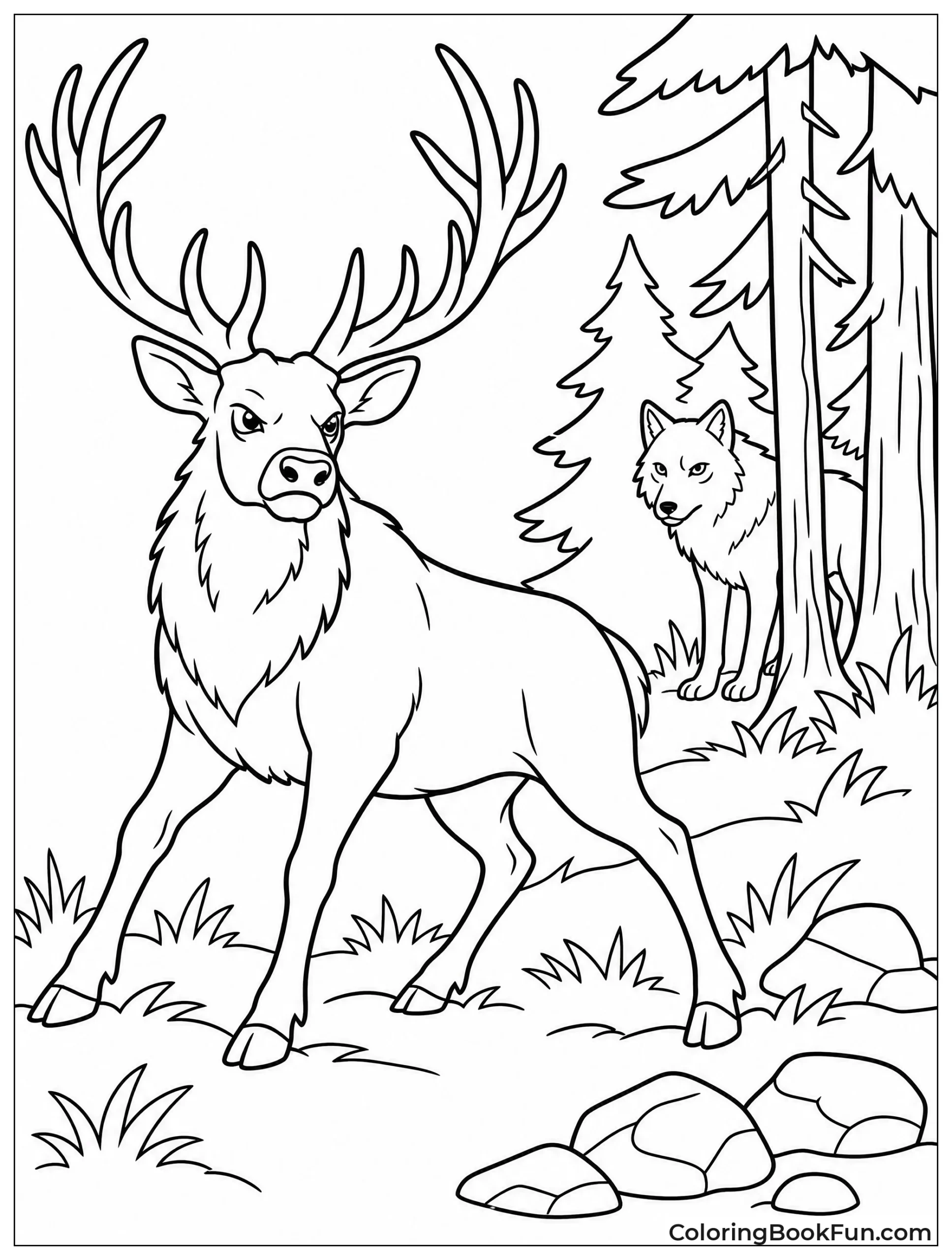 Elk Facing Wolf in Woods
