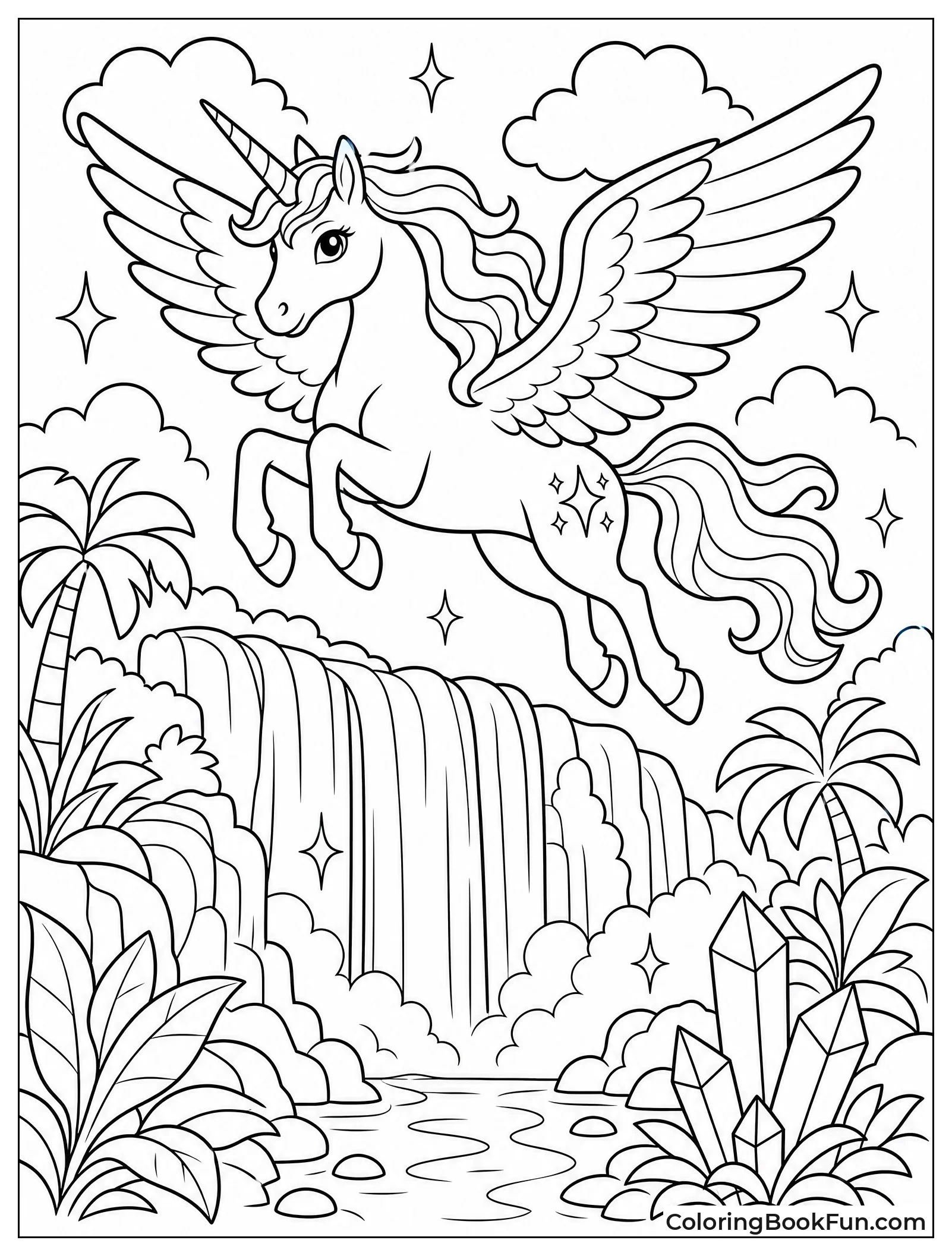 Pegasus Flying Above Misty Waterfall
