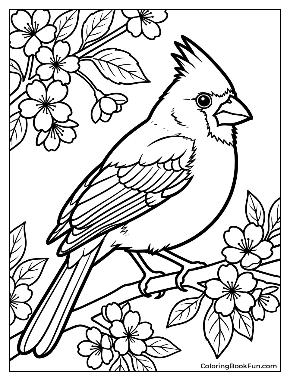 Female Cardinal Perched Among Cherry Blossoms
