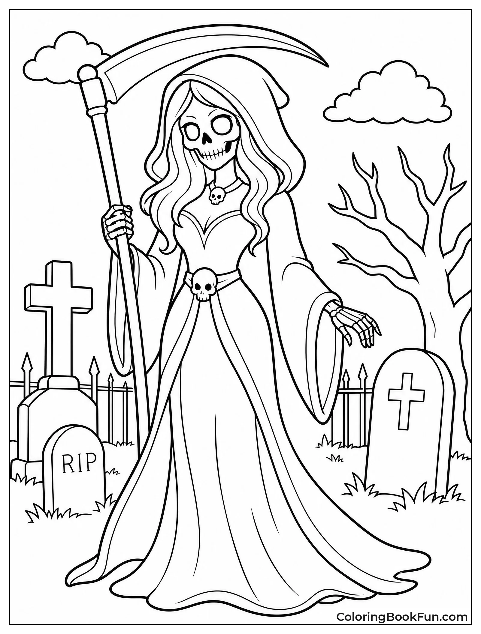 Female Reaper Standing in Cemetery