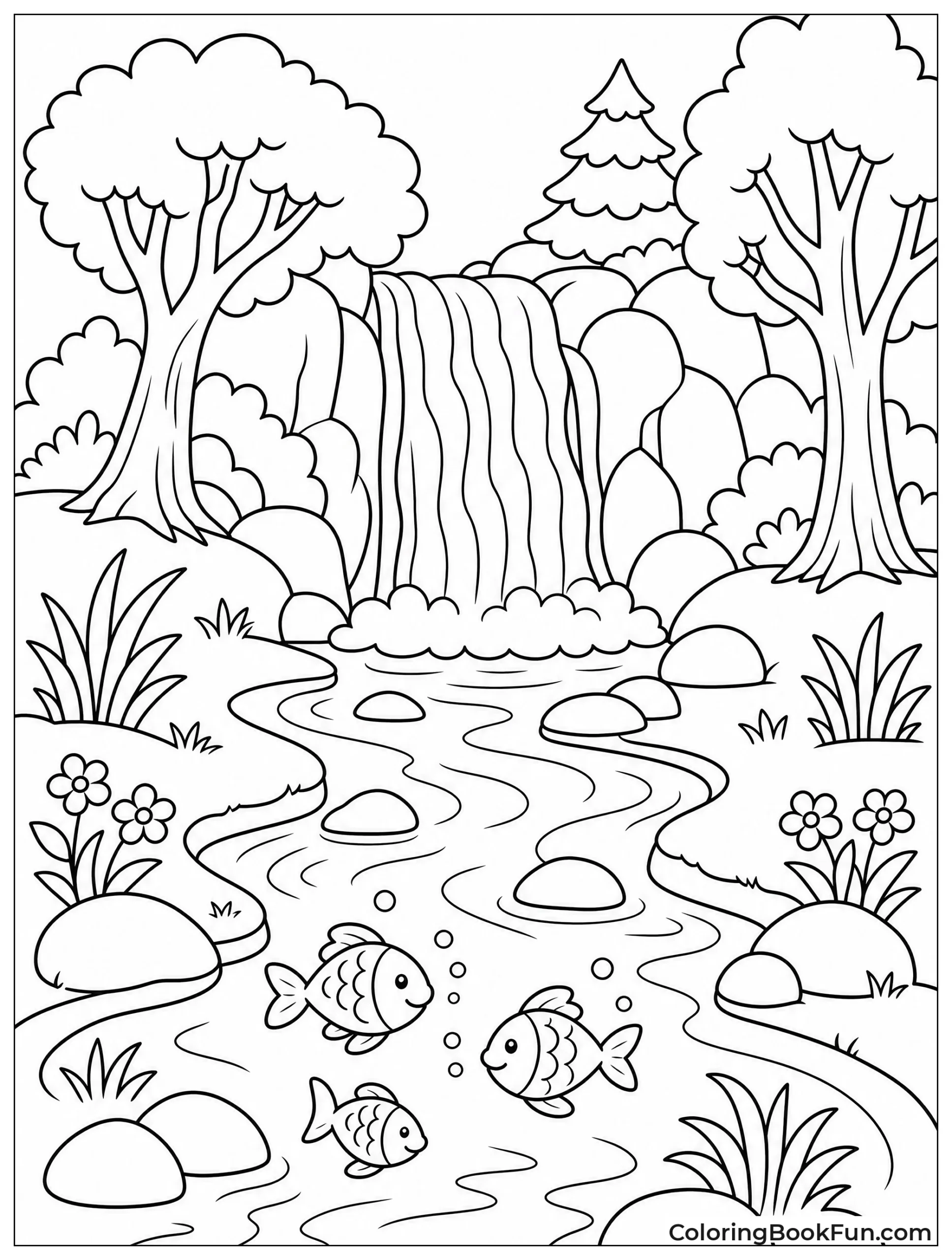 Waterfall Feeding into Forest Stream
