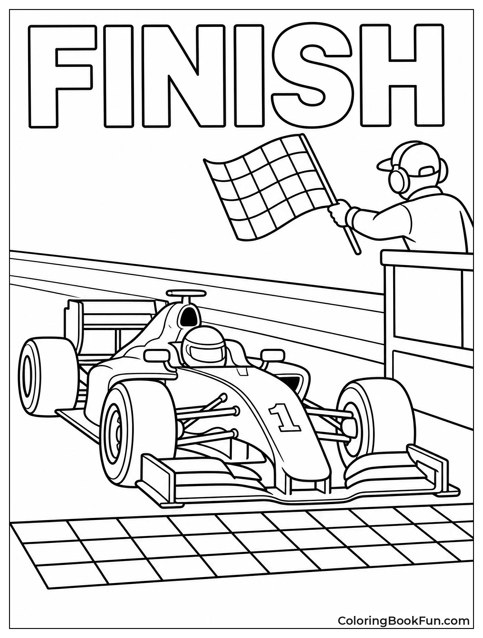 F1 Car Crossing Finish Line Flag