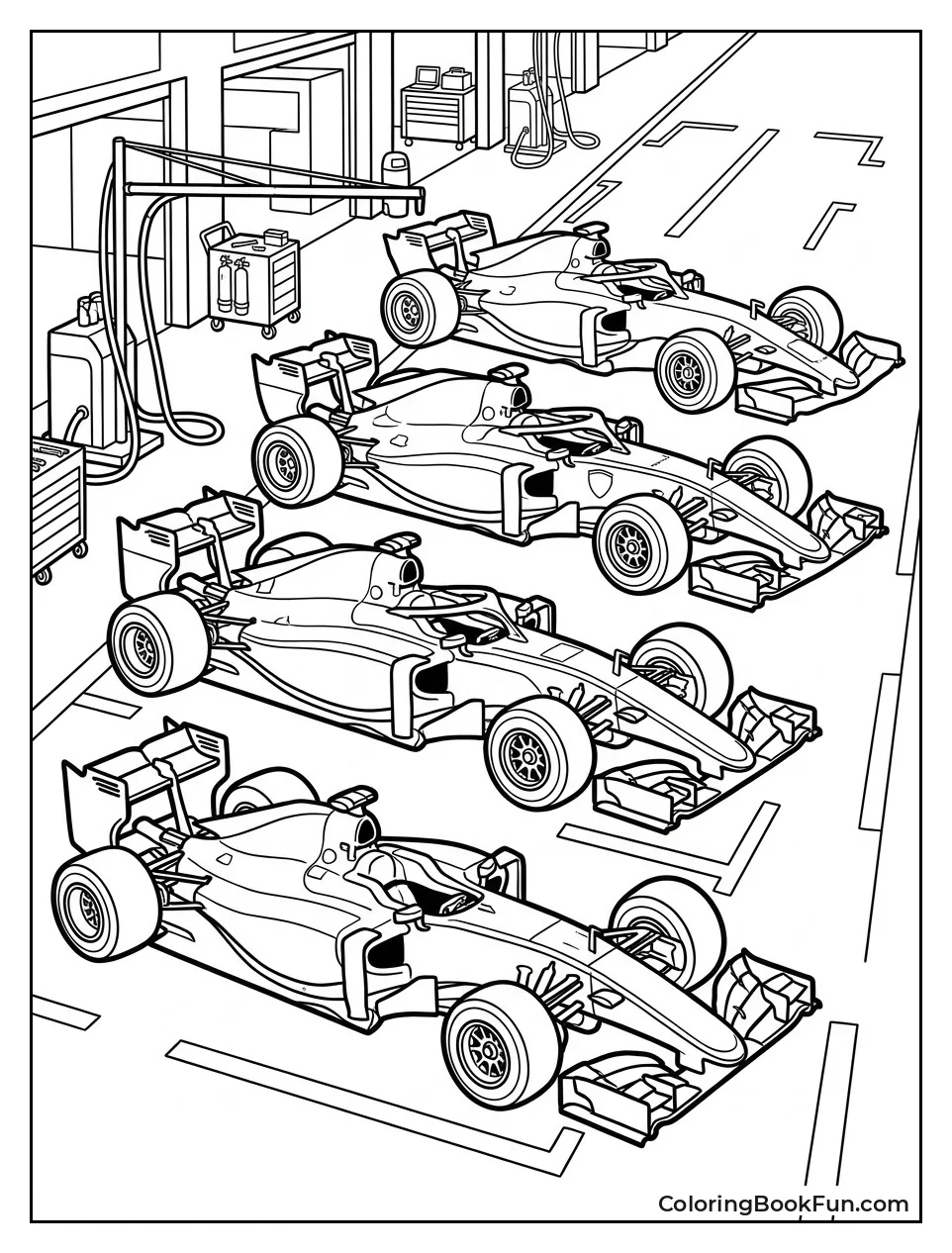 Five Different F1 Cars Parked Together
