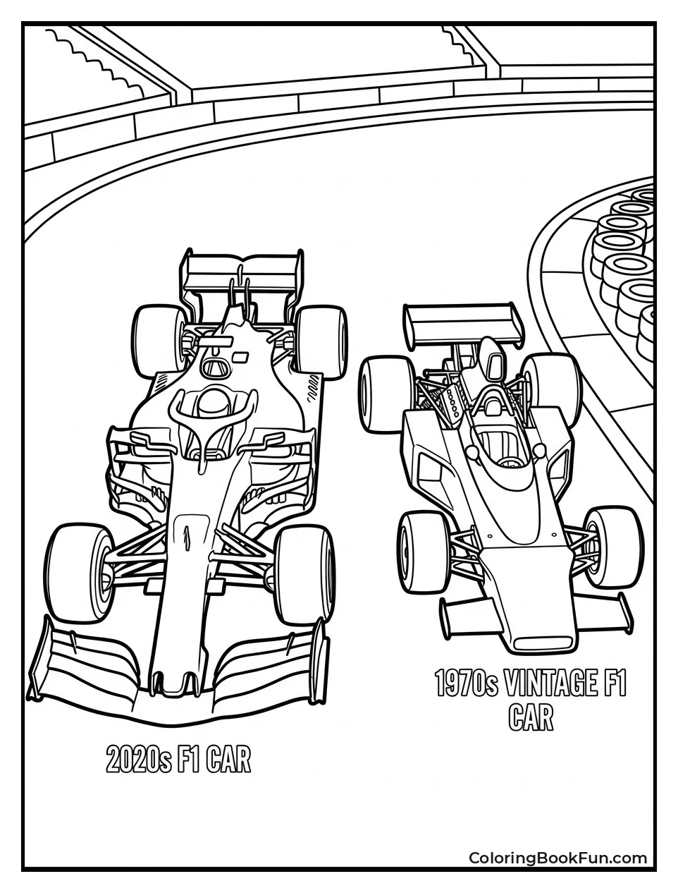 Modern F1 Car Next to Vintage One