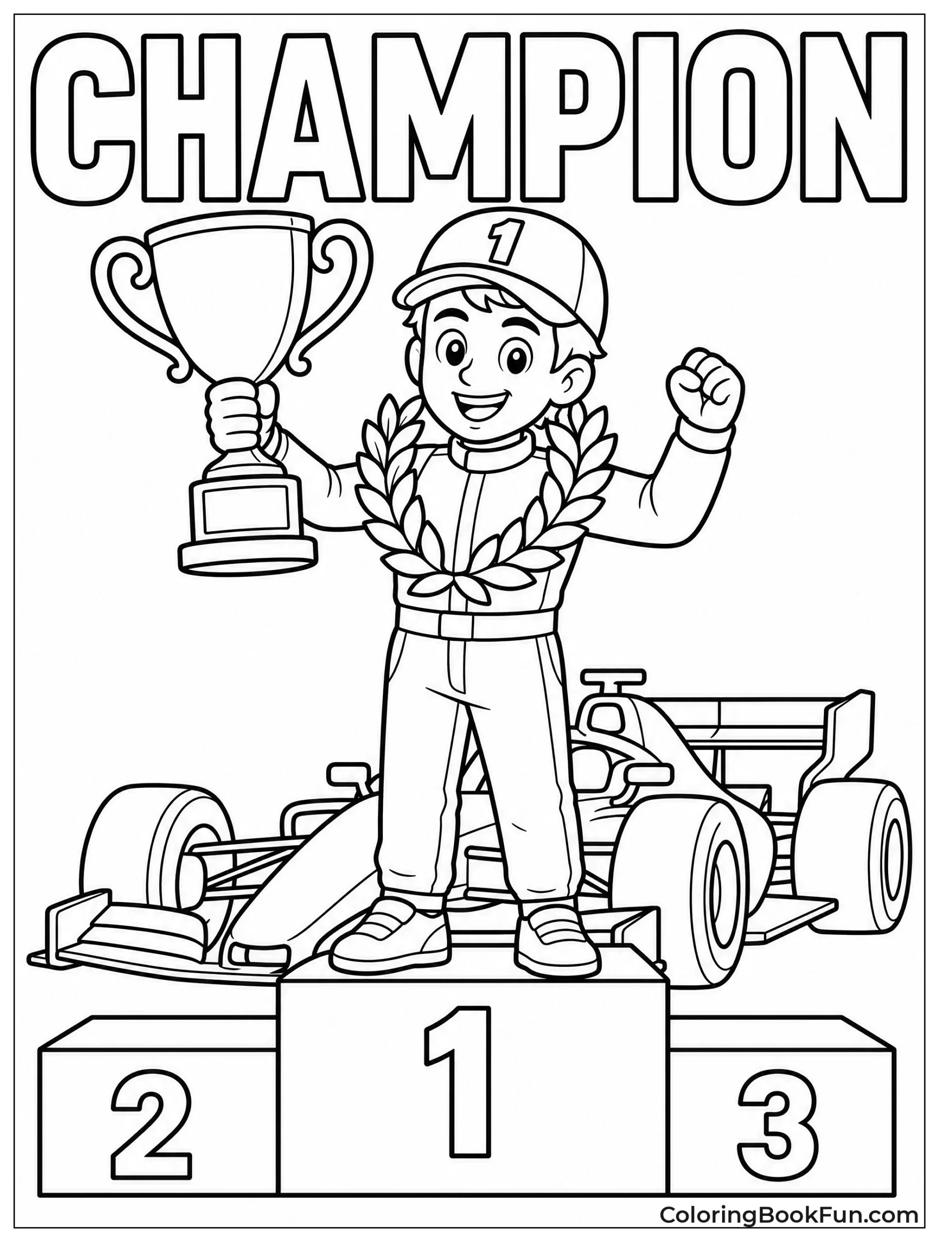 Driver Holding Trophy on Podium