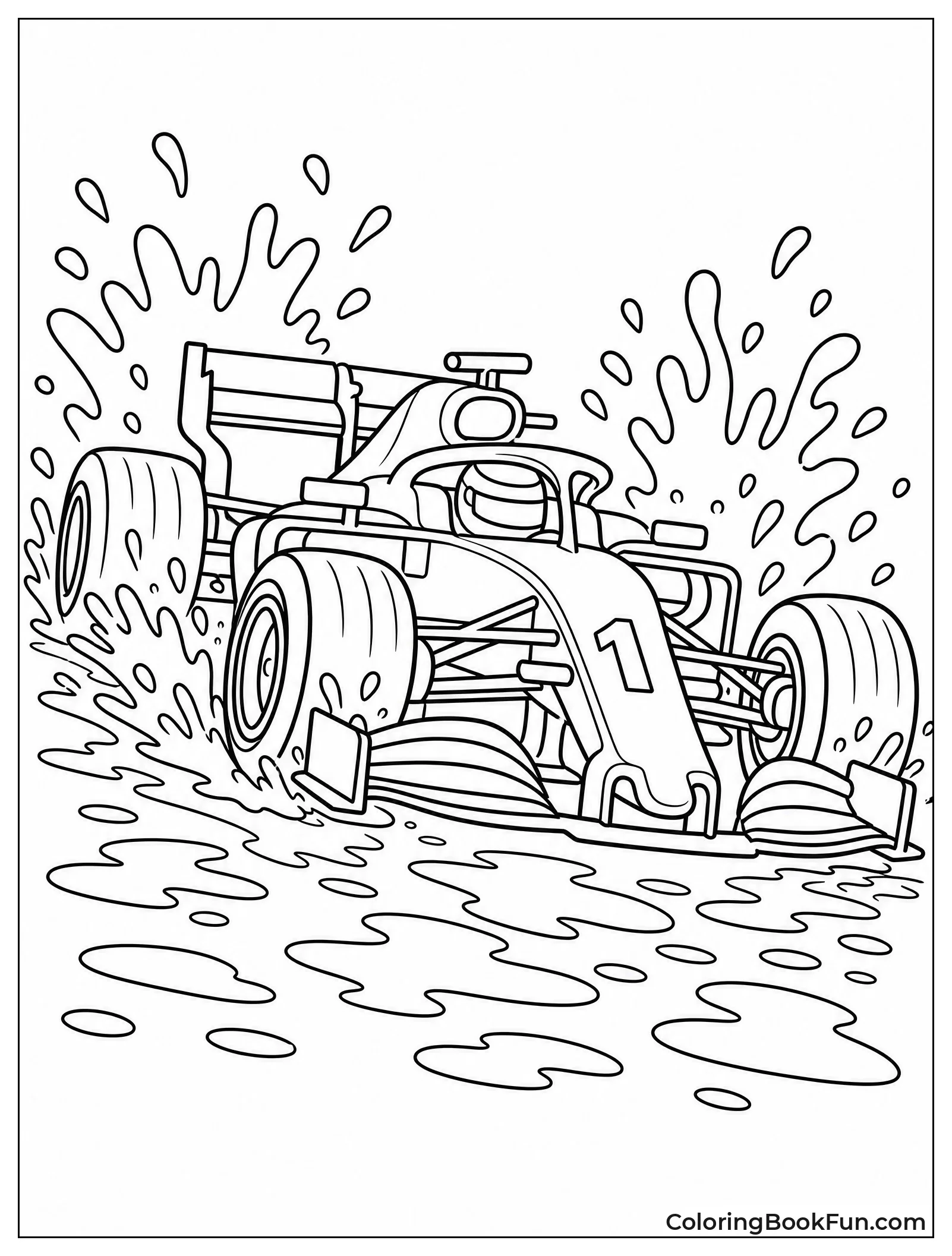 F1 Car Spraying Water on Rainy Track