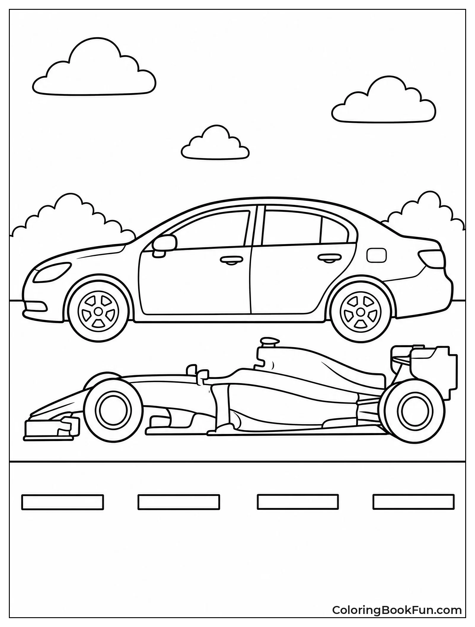 F1 Car Parked beside Family Sedan