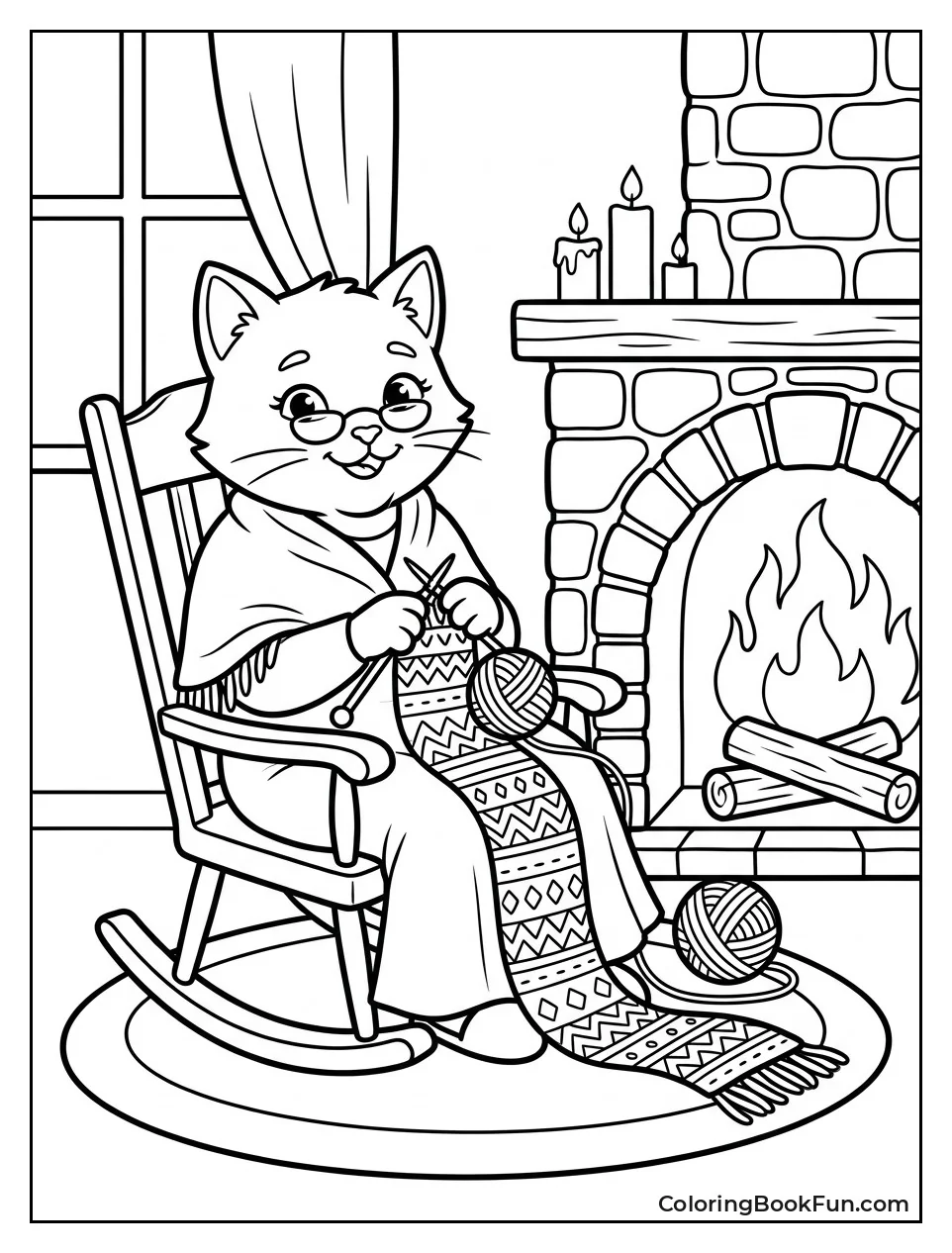 Cat Knits by Fireplace