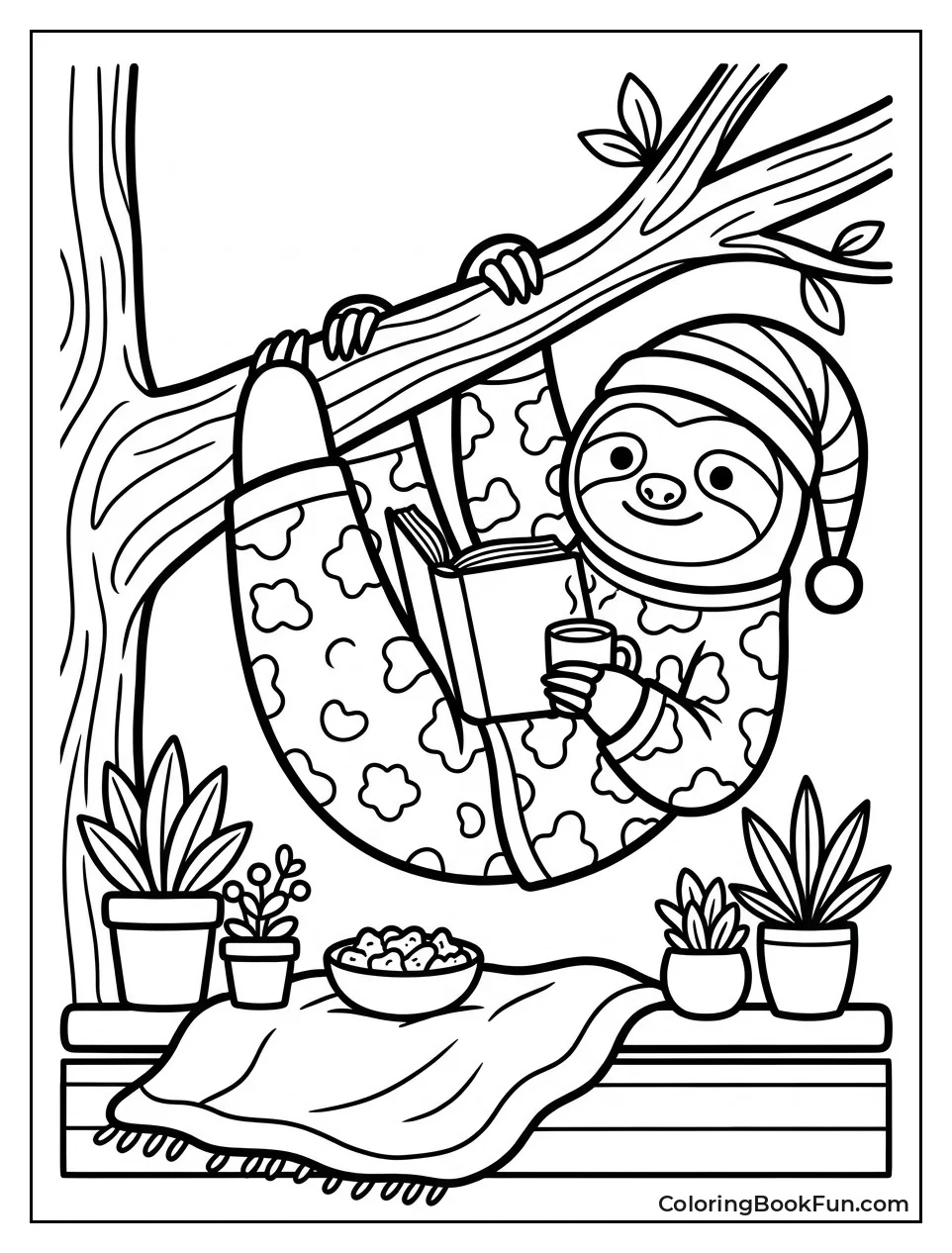 Sloth Reads Book in Pajamas
