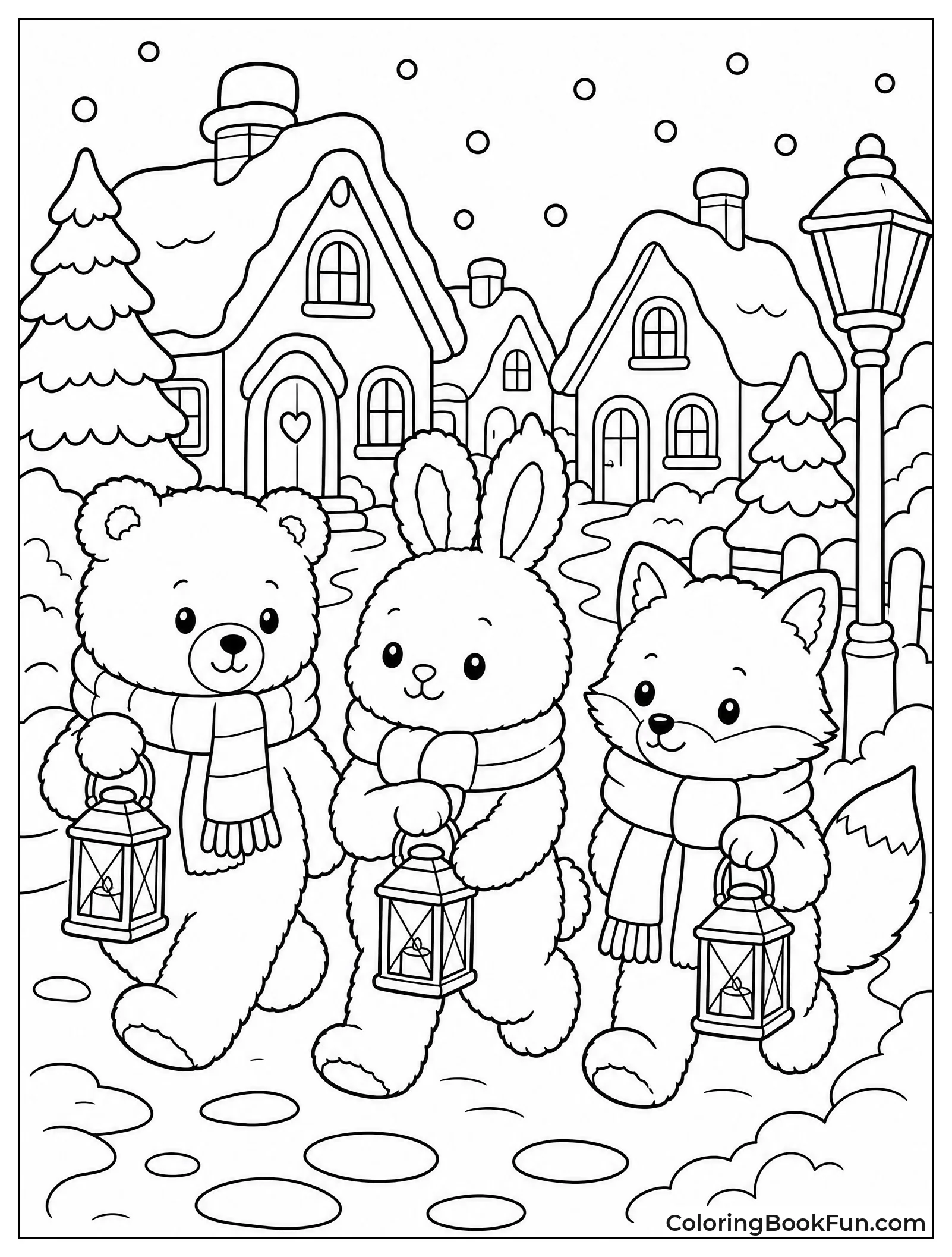 Animals Walk in Snowy Village