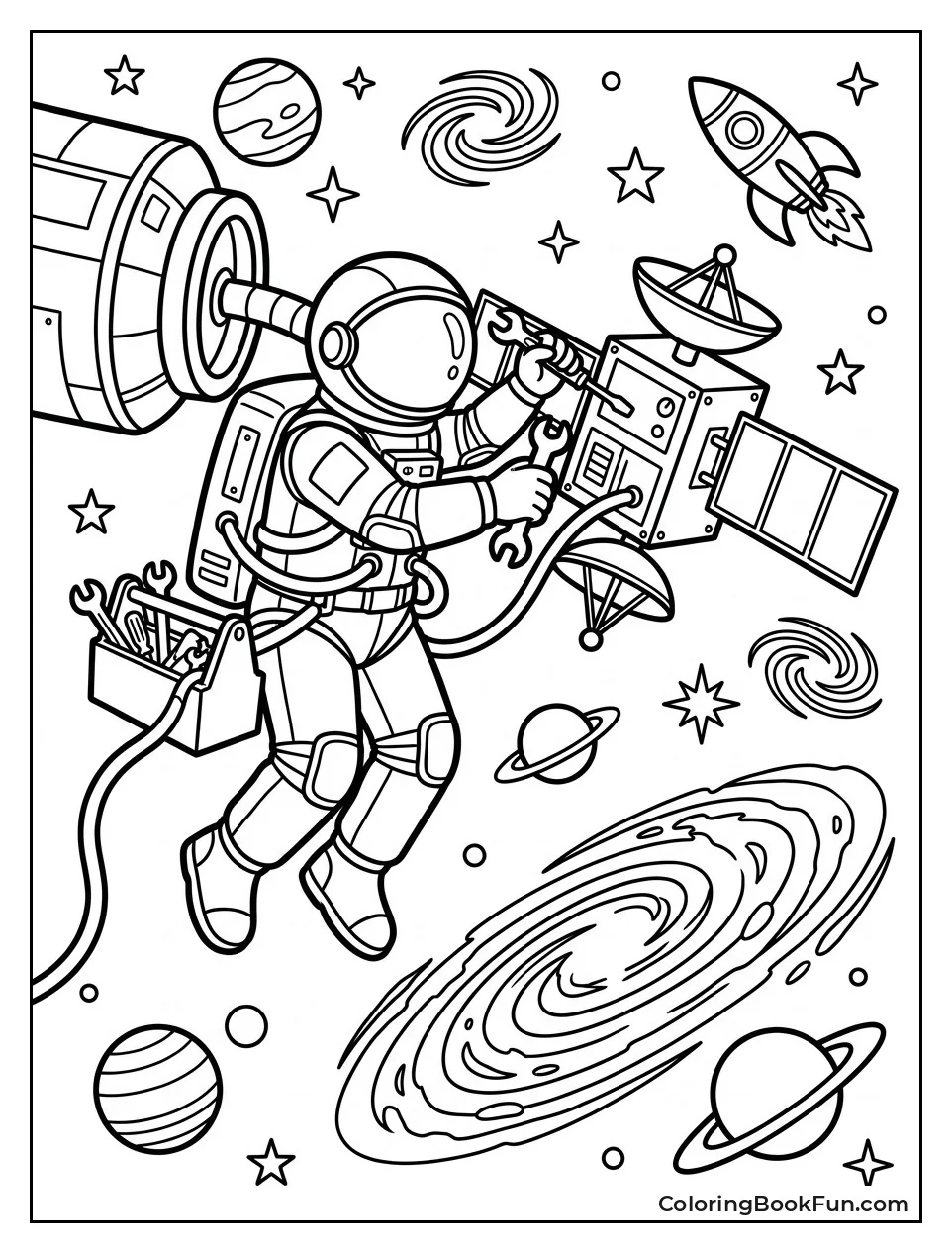 Astronaut Fixing Satellite in Space
